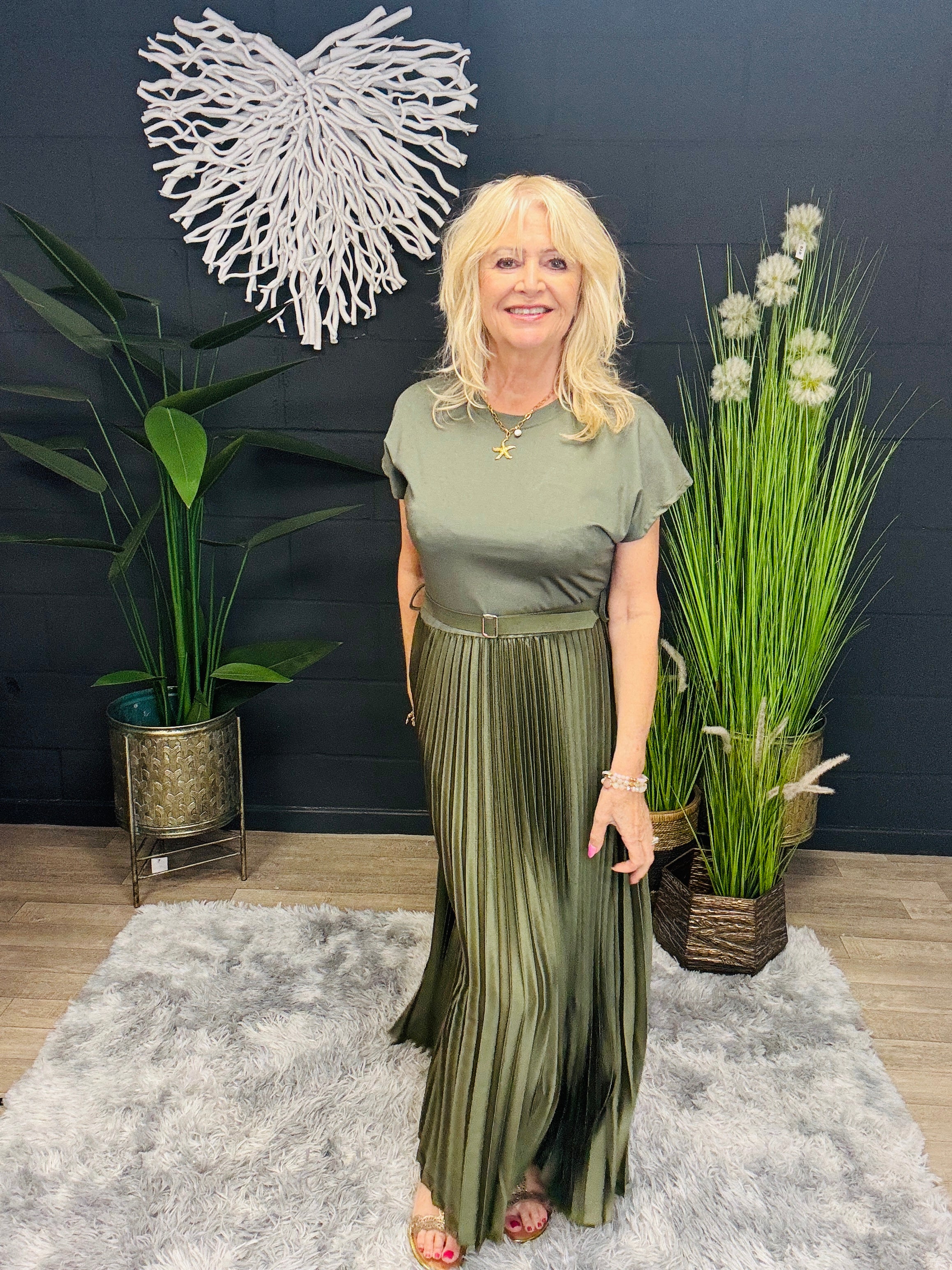 Pixen Pleated Midi Dress in Khaki - Elegant & Flowy for Women | Perfect for Office, Parties & Casual Outings