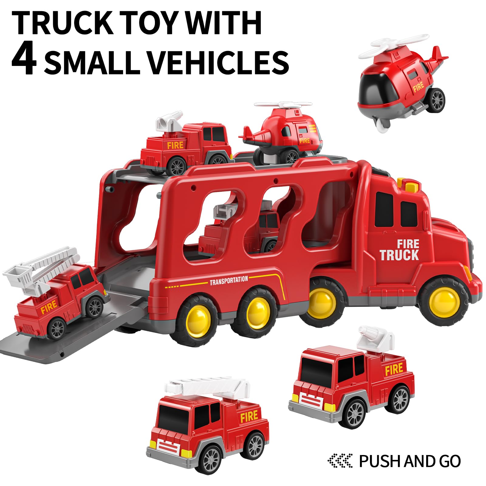 Fire Truck Toy for Kids Ages 3-7 - Toddler Fire Engine Transport Vehicle Carrier with Lights & Sounds - Best Gift for Boys & Girls - Perfect for Pretend Play, Birthday Parties & Preschool Learning