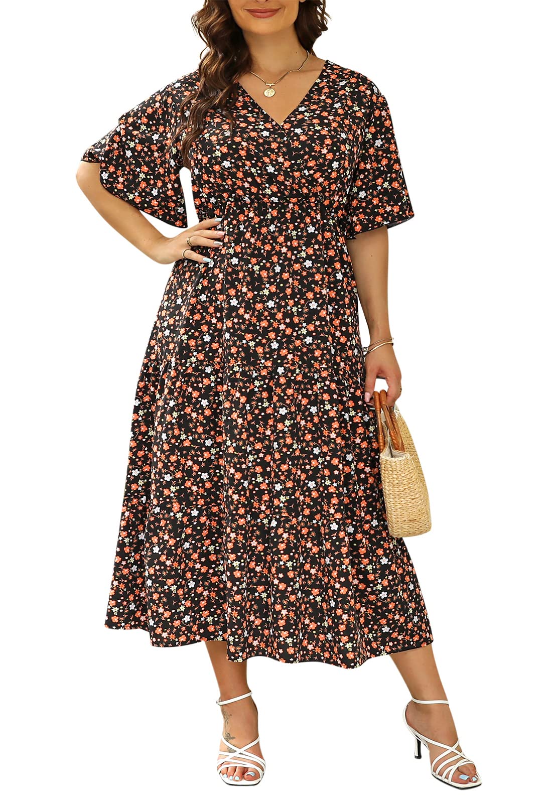 Plus Size Wedding Guest Maxi Dresses for Women - Summer Casual Boho Floral Long Party Sundress with 3/4 Sleeves | Elegant Church, Garden Wedding & Special Occasion Outfit