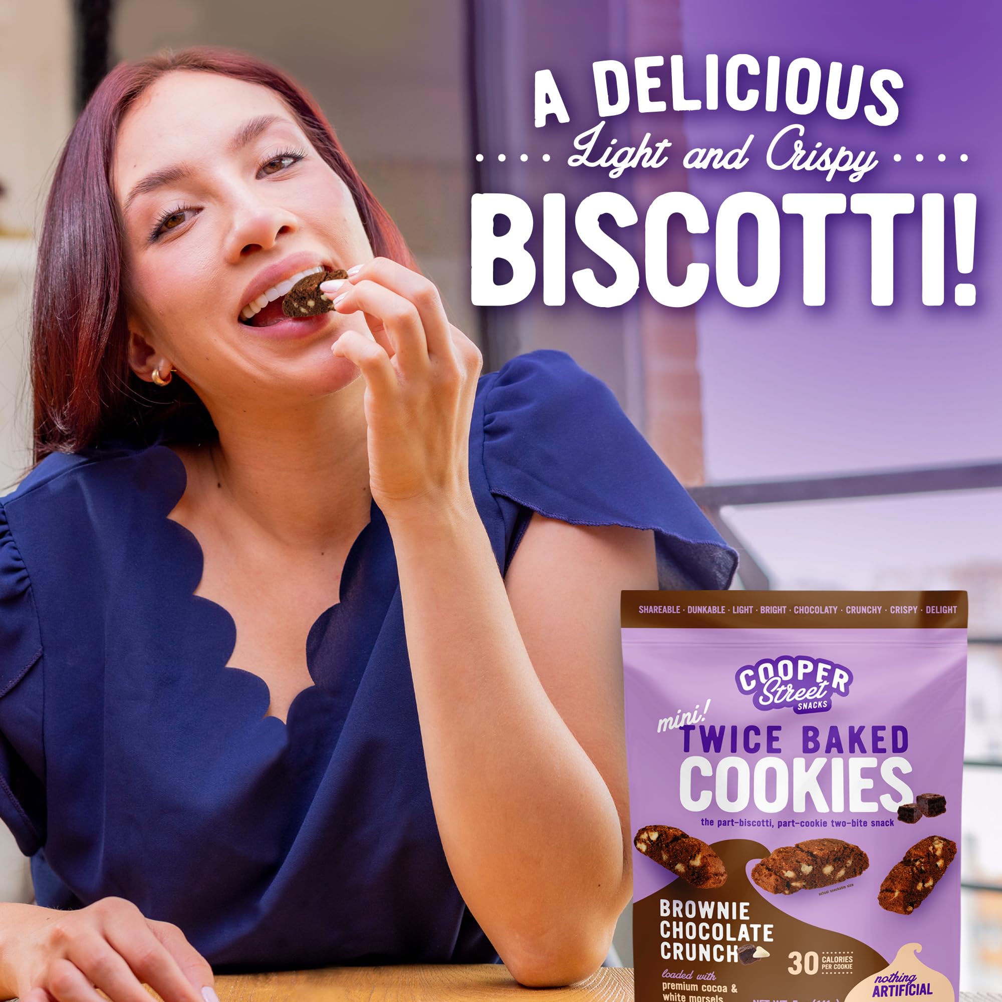 Cooper Street Twice Baked Brownie Chocolate Biscotti Cookies - Crunchy Italian Coffee Cookies | Low Calorie Kosher Snack for Adults & Kids | Dairy, Peanut & Soy Free (5oz) | Perfect with Coffee, Tea or as Dessert