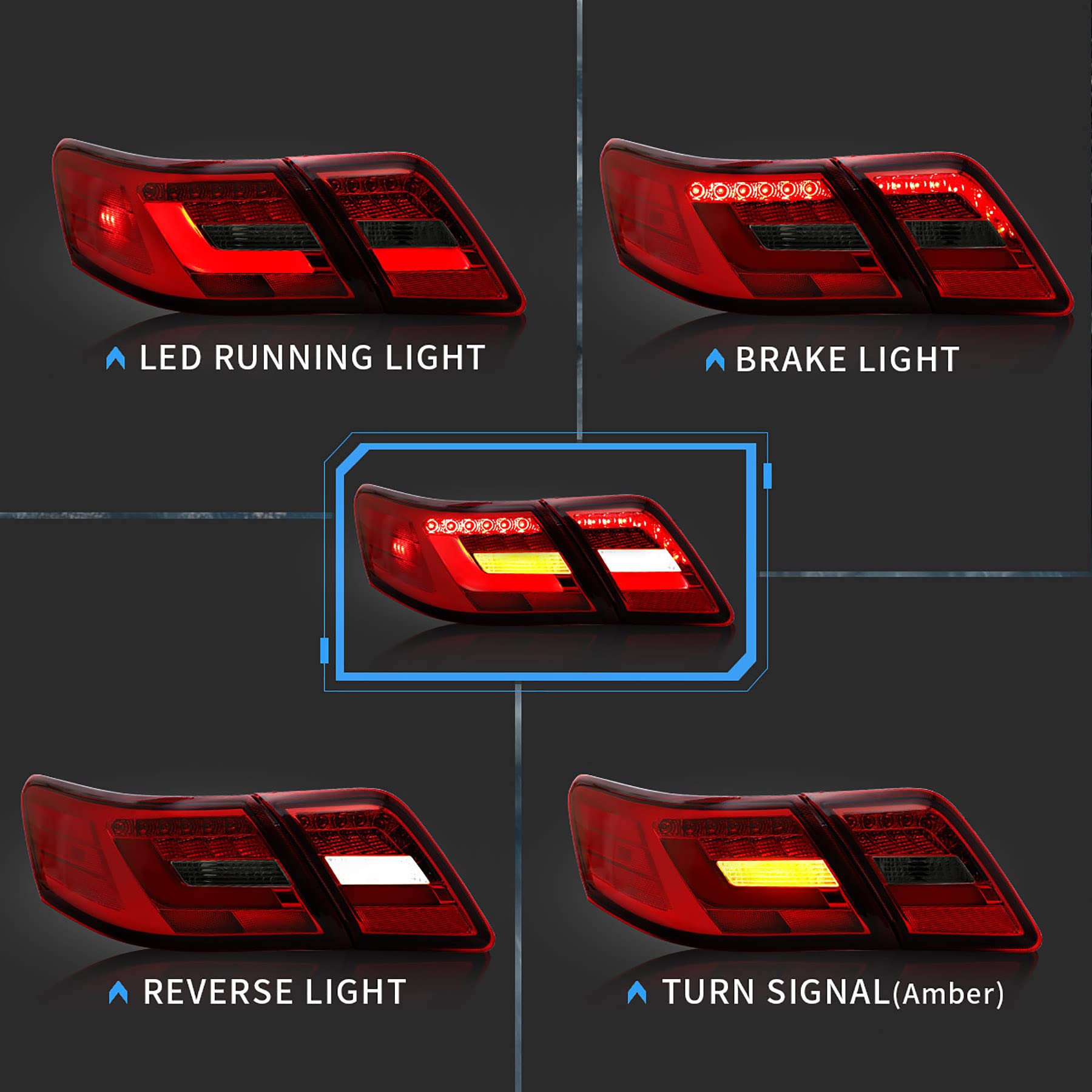 VLAND LED Tail Lights for Toyota Camry 2007-2011 - 3D Light Bar Design, Red Smoke Lens (Excludes LE & Hybrid Models) | Direct Replacement for Factory LED Rear Lights | Perfect for Night Driving & Car Customization