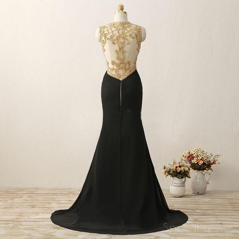 Elegant Black Sheer Mermaid Gold Beaded Evening Prom Dress - Sexy Long Formal Gown for Parties, Dances & Special Occasions | Custom Tailored Prom Dresses for Women | Perfect for Homecoming, Prom Night & Evening Events