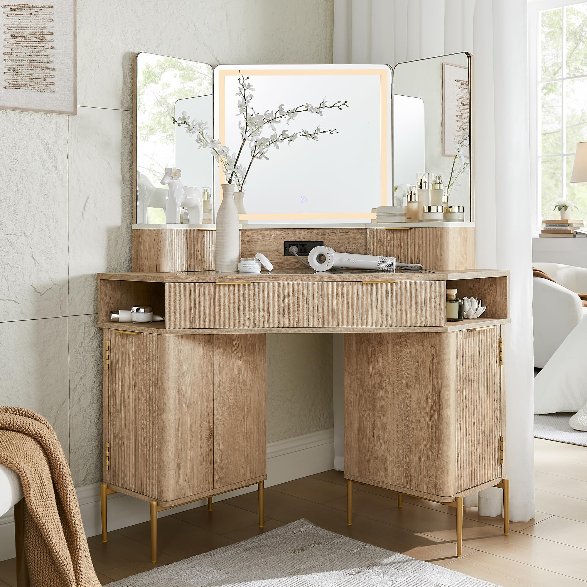 T4TREAM 48 Inch Fluted Makeup Vanity Desk with HD Triple Mirror & LED Lights - Modern Lighted Corner Dressing Table with Glass Top, 3 Drawers & 2 Cabinets - Natural Oak Finish for Bedroom, Home Decor & Beauty Room Organization
