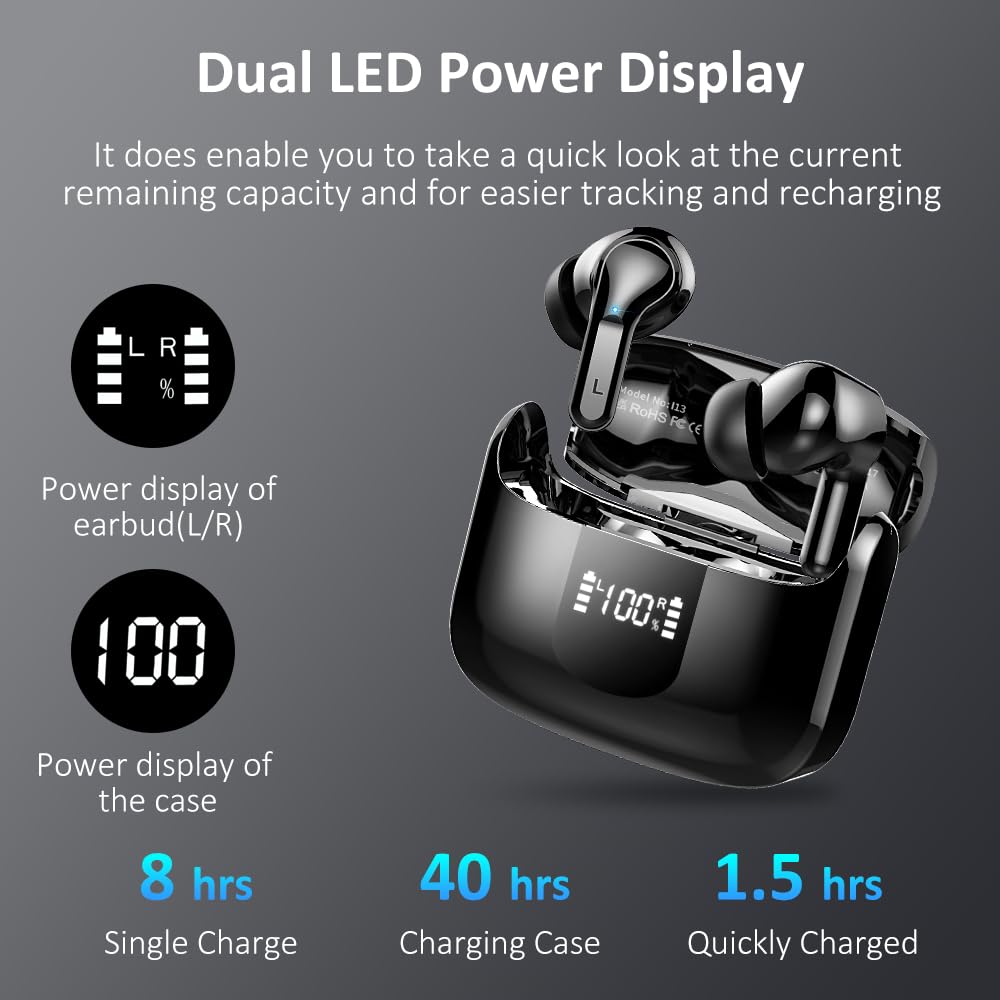 2024 Wireless Earbuds Bluetooth 5.3 with ENC Noise Cancelling Mic, 40H Playtime IP7 Waterproof In-Ear Headphones with Deep Bass & LED Display - Perfect for Gym, Running, Travel and Work Calls