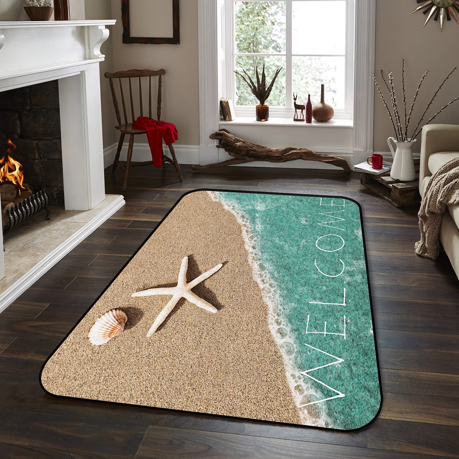 5'x7' Modern Large Area Rugs - Water Green Ocean Themed Nursery Carpet with Starfish & Shells Design, Soft Indoor/Outdoor Throw Rug for Living Room, Bedroom, Kids Room & Beach House Decor