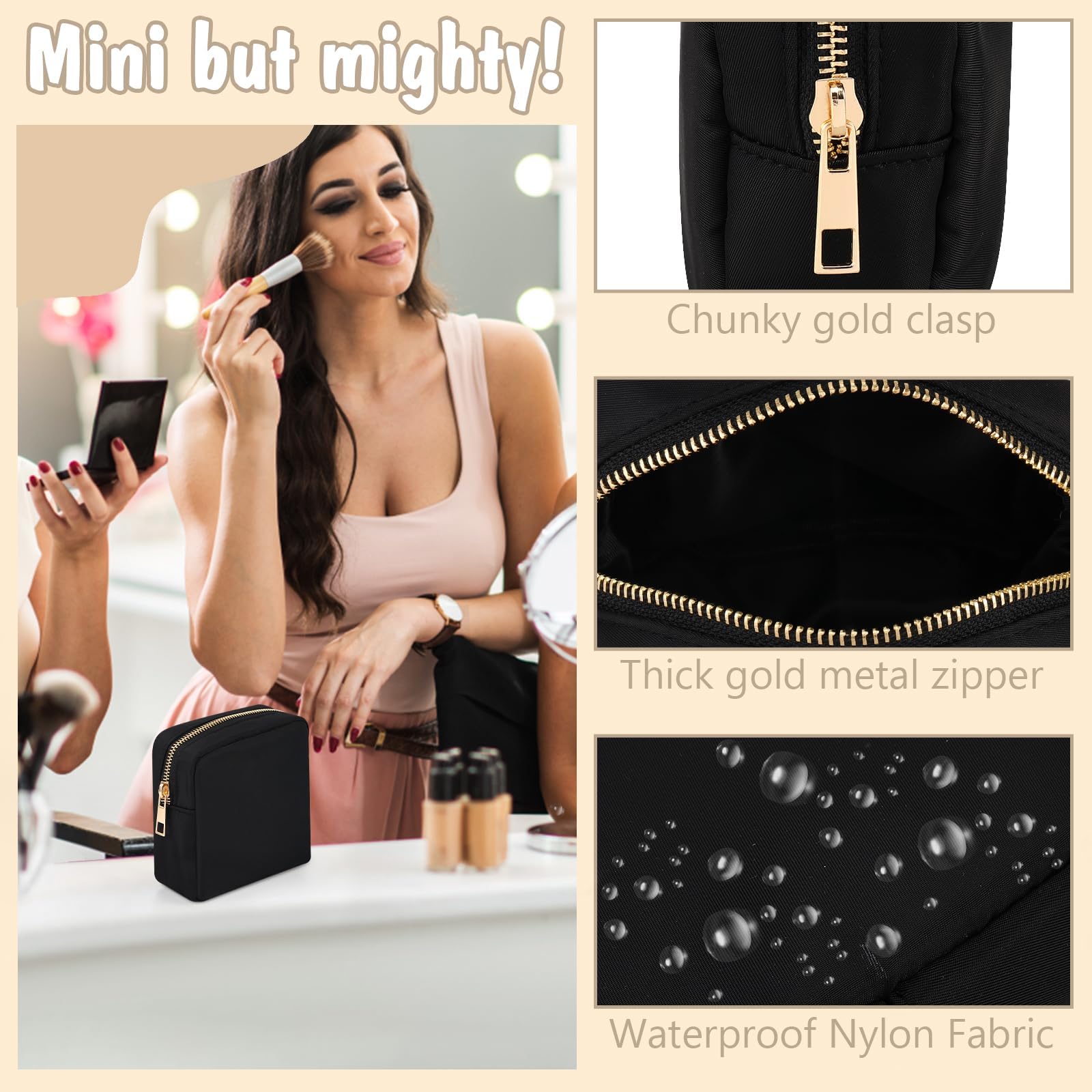 Small Waterproof Nylon Makeup Bag for Women - Mini Cosmetic Pouch with Zipper, Preppy Travel Organizer for Purse, Girls Makeup Case (Black) | Perfect for Daily Use, Travel, Gym & Gift Giving