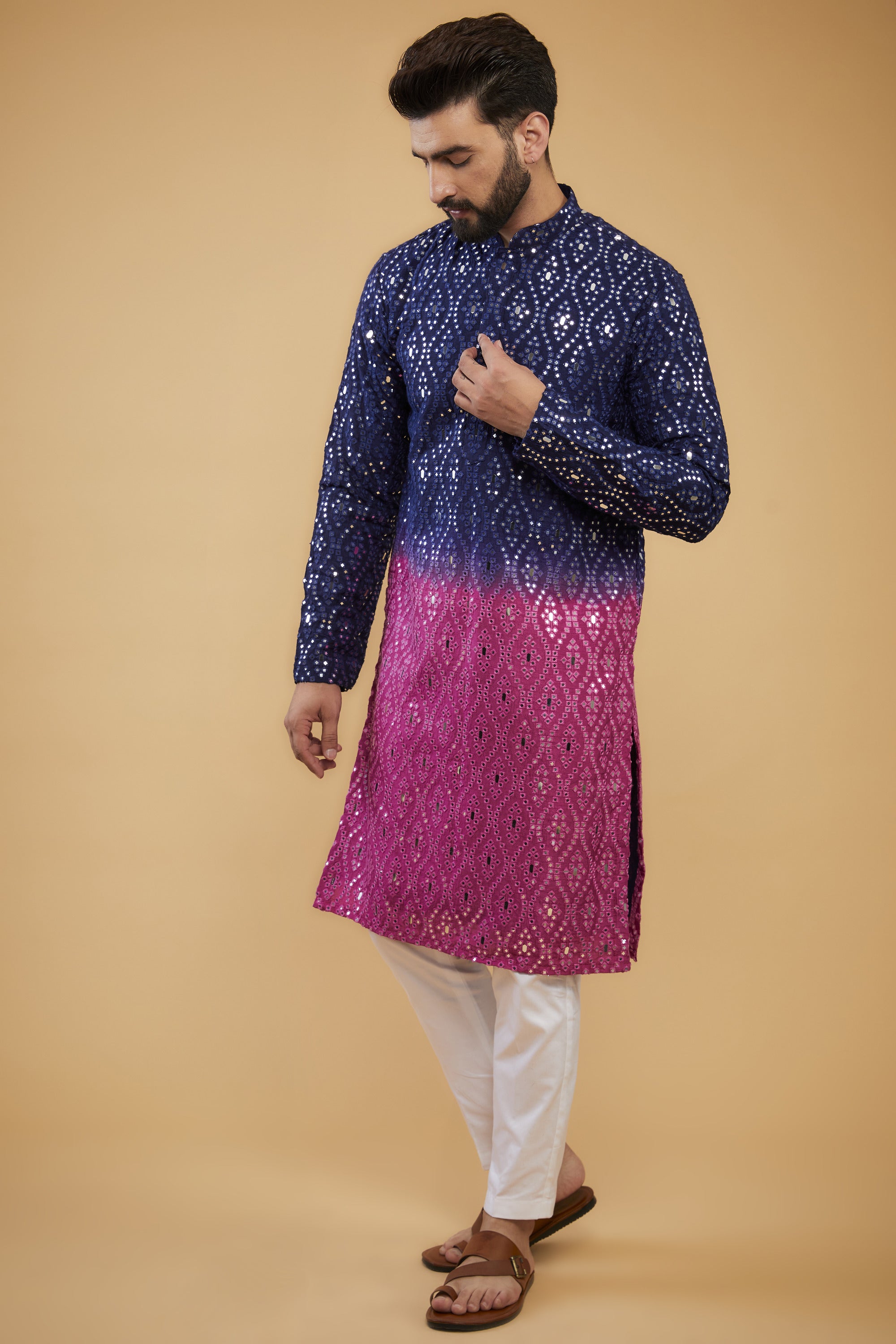 Ombre Shaded Mirror Work Kurta - Embroidered Indian Ethnic Tunic for Women | Perfect for Festivals, Weddings & Cultural Events