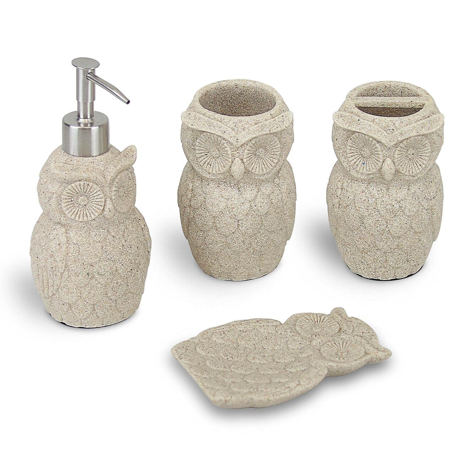 Premium Europder Owl Resin Sandstone Bathroom Accessory Set - Soap Dispenser, Tray & Tumbler for Modern Bathroom Decor | Perfect for Guest Bathrooms, Spa Retreats & Luxury Home Decor