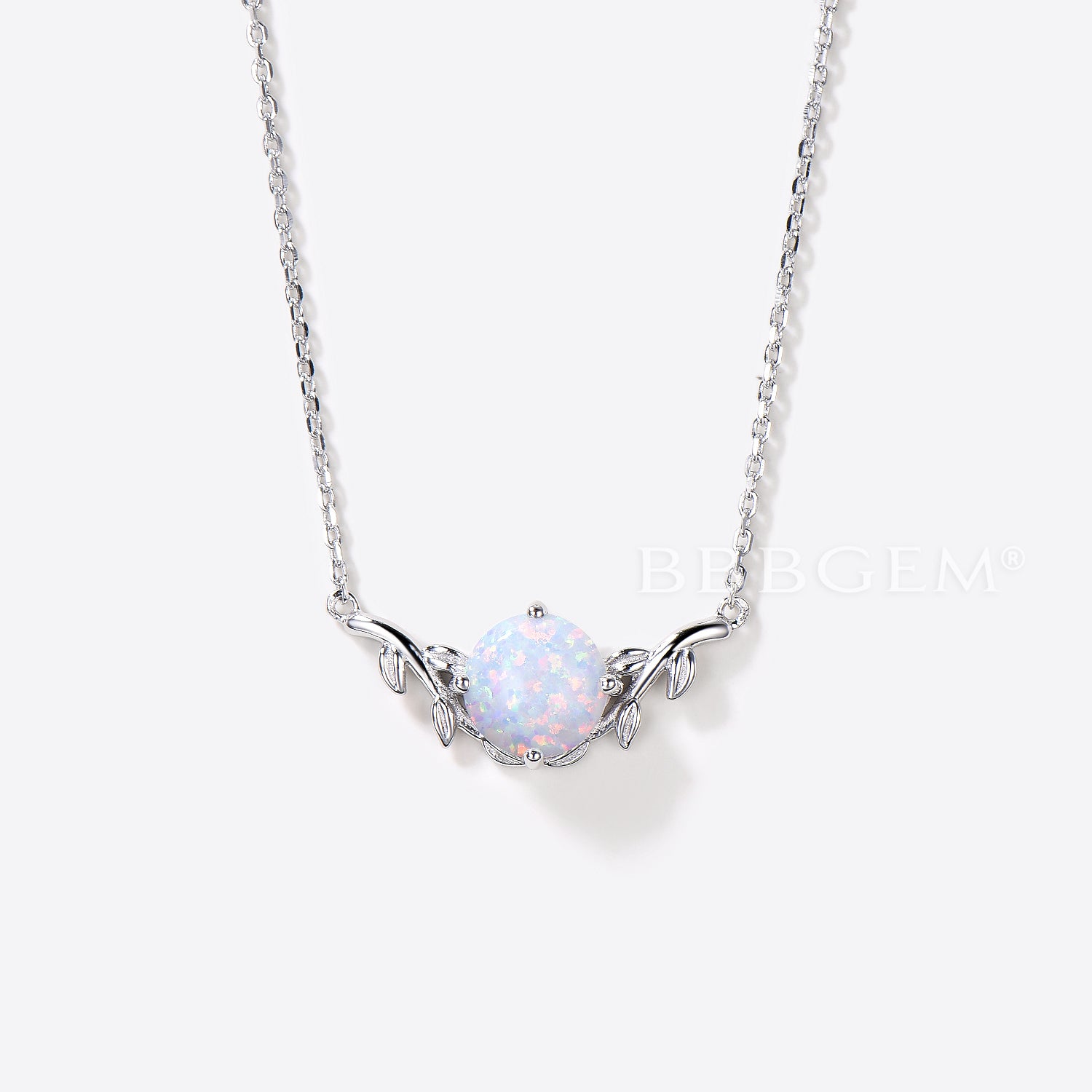 Round Cut White Opal Pendant Leaf Nature Inspired Solitaire Necklace - Elegant Sterling Silver Jewelry for Women, Perfect for Weddings, Anniversaries & Everyday Wear