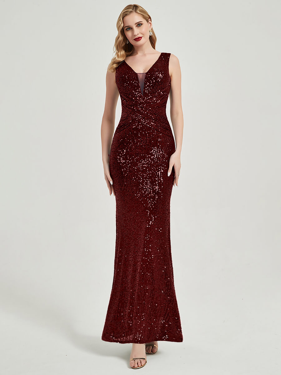 Burgundy Sequin Sleeveless Sheer V-Neck Maxi Mermaid Formal Gown for Prom, Evening Party & Special Occasions