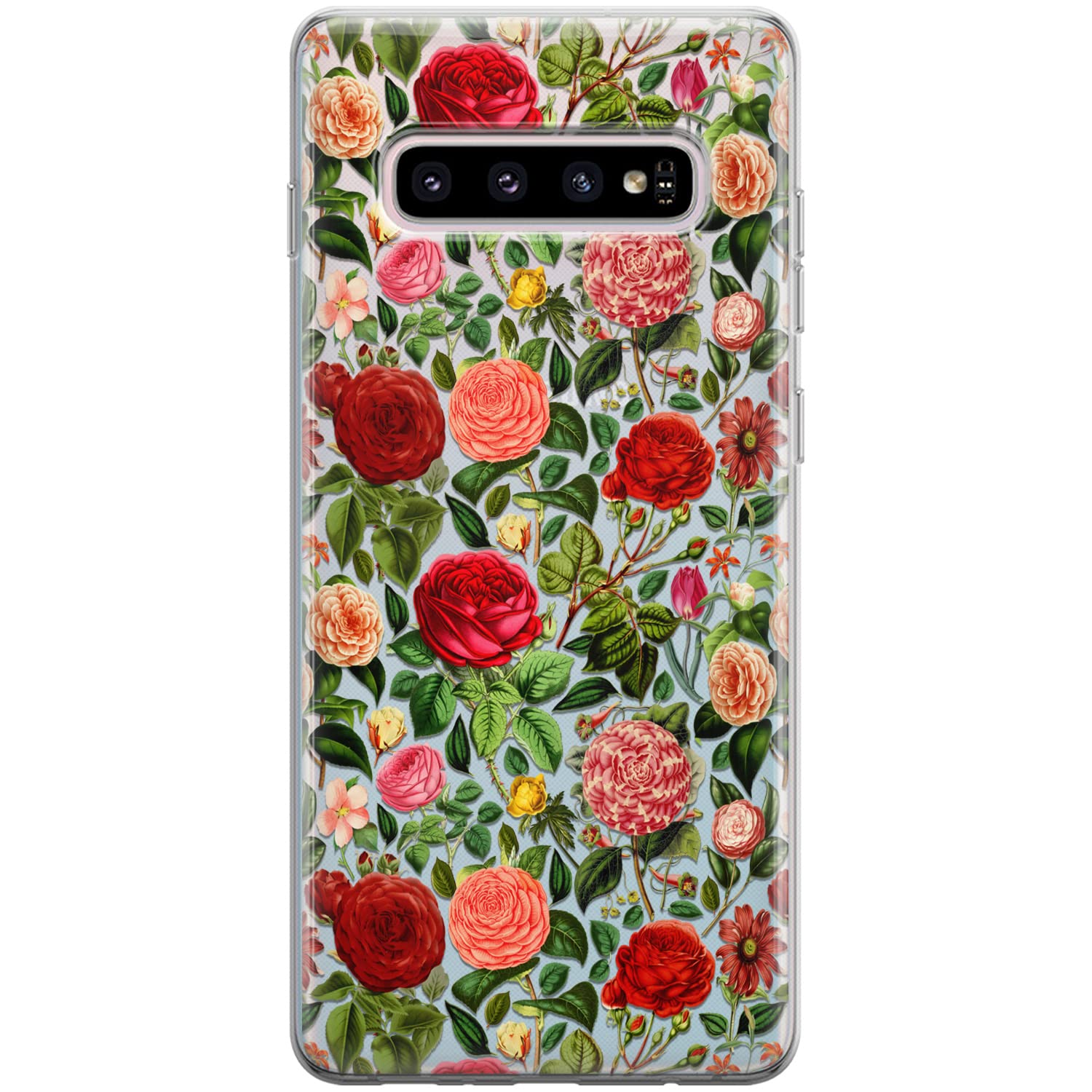 Samsung Galaxy S24 S23 Ultra S22 Plus S21 FE 5G S20 Note 20 Phone Case - Clear TPU Silicone Protective Cover with Vintage Red Roses & Botanical Floral Design for Women | Slim Flexible Shockproof Case for Everyday Use & Gift Giving