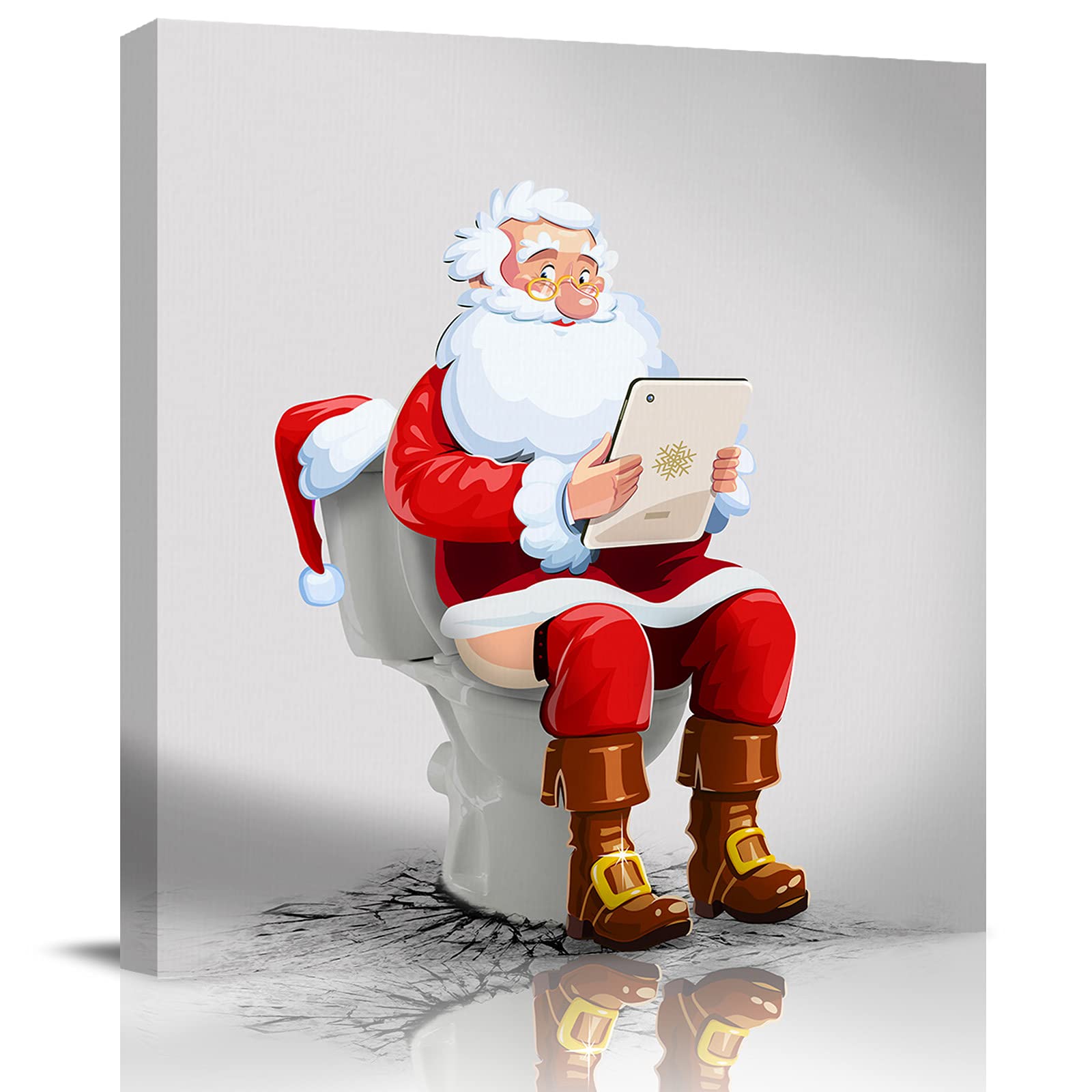 Funny Santa Claus Sitting on Toilet Canvas Wall Art - Christmas Oil Painting Print Framed Watercolor Decor for Living Room, Bedroom, Kitchen & Bathroom - Perfect Holiday Gift & Festive Home Decoration