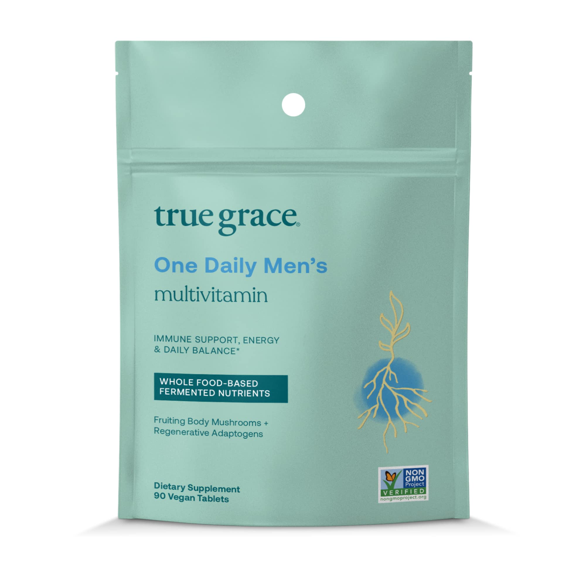 True Grace One Daily Men’s Multivitamin with Fermented Minerals, Organic Adaptogens & Mushrooms - Whole Body Balance for Immune, Endurance, Bone & Heart Support - Non-GMO, Gluten Free, 90 Vegan Tablets - Ideal for Active Men & Fitness Enthusiasts