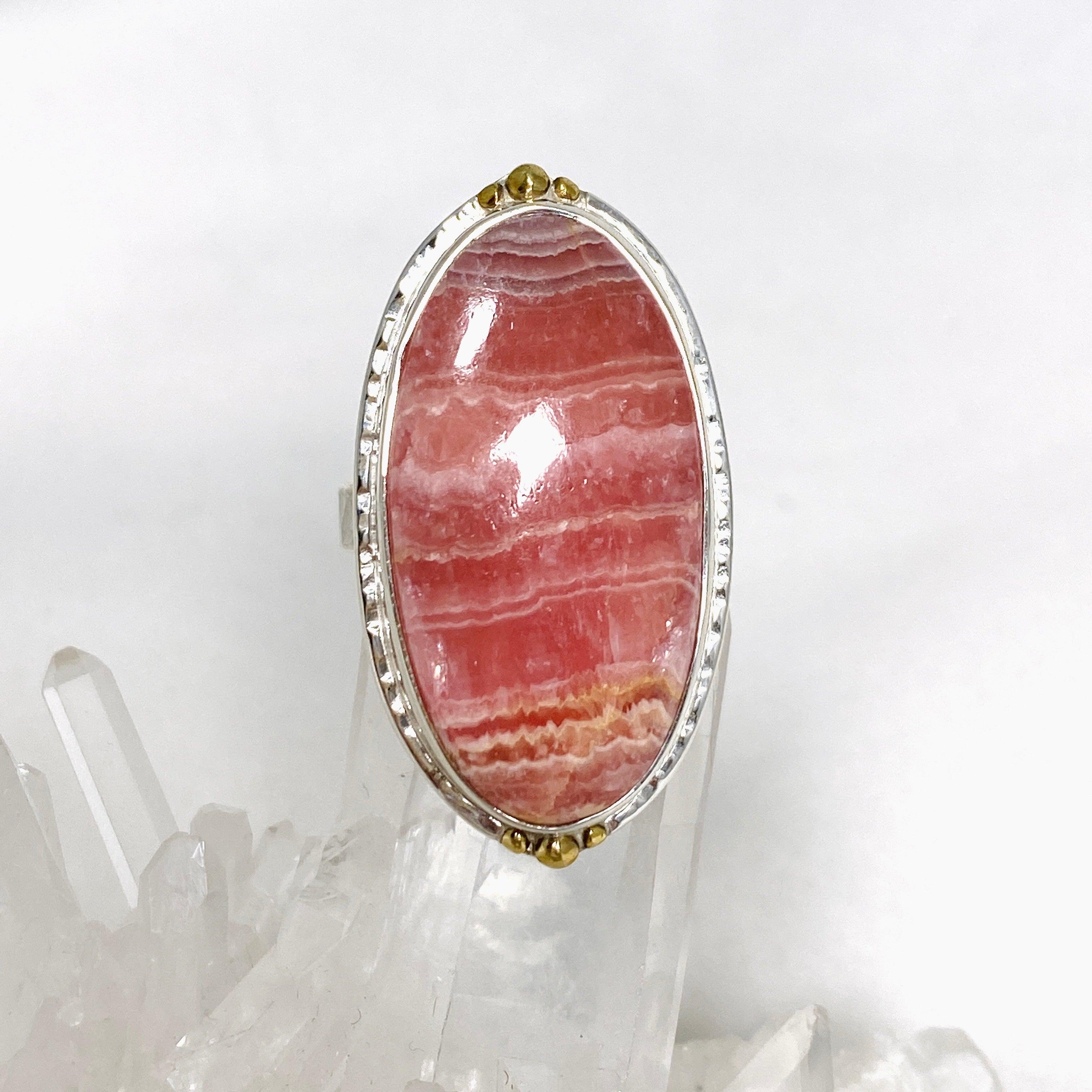 Rhodochrosite Oval Ring with Brass Accents - Size 10 Women's Jewelry KRGJ3166 | Elegant Gift for Valentine's Day, Anniversary & Special Occasions