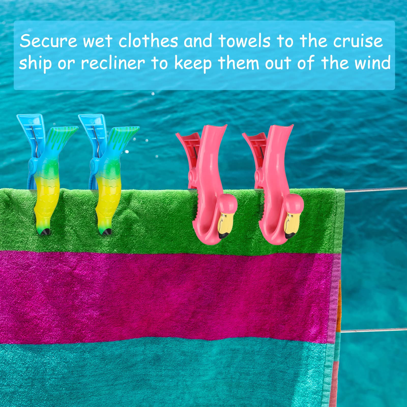 8 Pcs Heavy Duty Beach Towel Clips for Chairs - Flamingo & Parrot Design, Jumbo Size Pool Towel Holders for Cruise Ship, Travel, and Outdoor Use (Pink, Blue, Flamingo, Parrot) - Perfect for Beach, Poolside, and Vacation Essentials