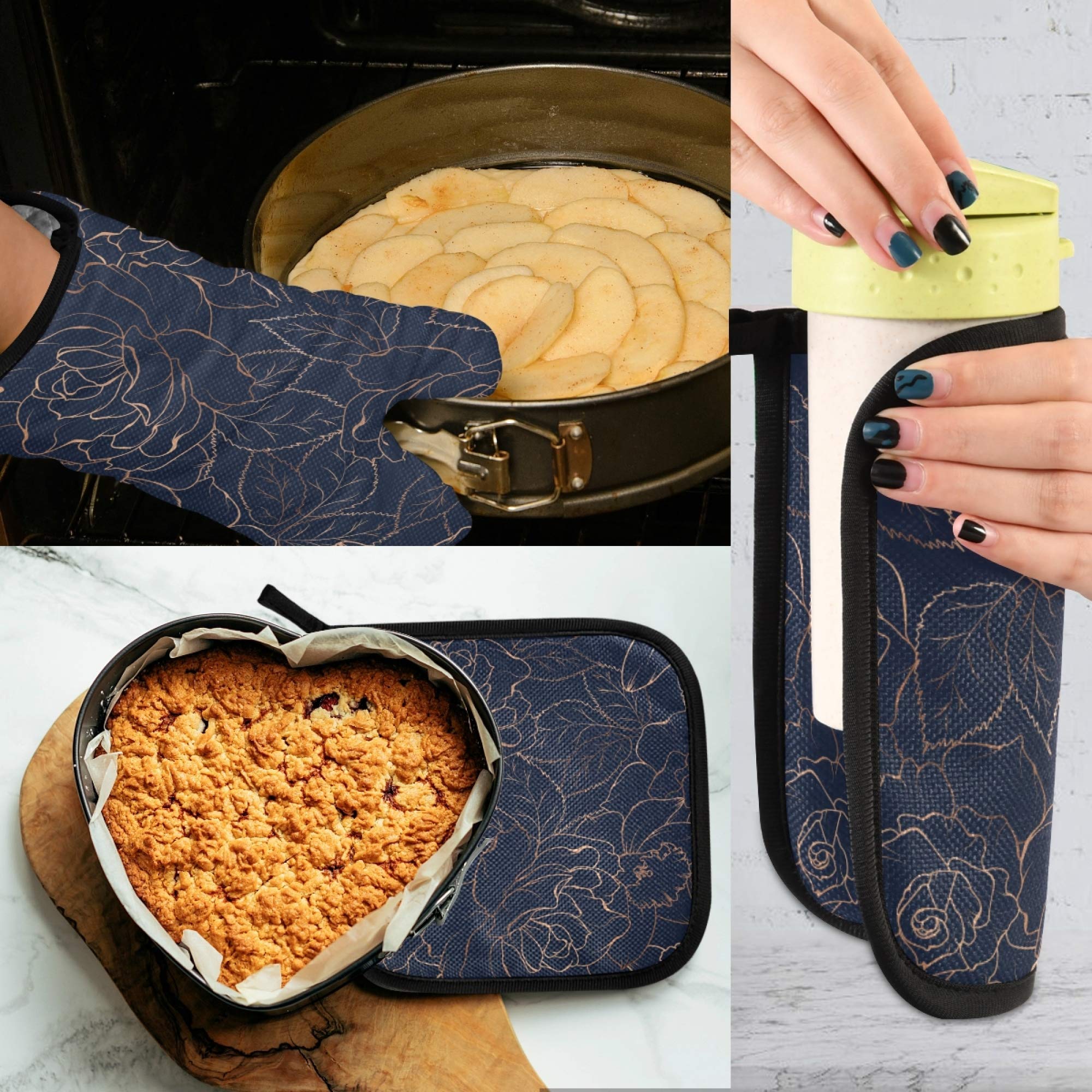Heat Resistant Oven Mitts and Pot Holders Set - Navy Blue with Copper-Gold Gloss Outline, Waterproof Kitchen Gloves with Soft Cotton Lining for Cooking, Baking, Grilling & Microwave Use - Perfect for Home Chefs & BBQ Enthusiasts
