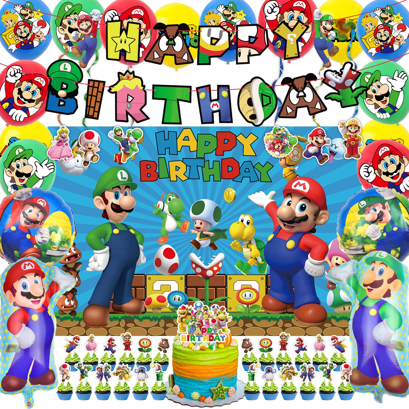 Super Mario Birthday Party Decorations Kit - Includes Backdrop, Banners, 24 Latex & 4 Foil Balloons, Hanging Swirls, 24 Cupcake Toppers & Cake Decor - Perfect for Kids' Themed Parties, Game Night Decorations & Birthday Celebrations