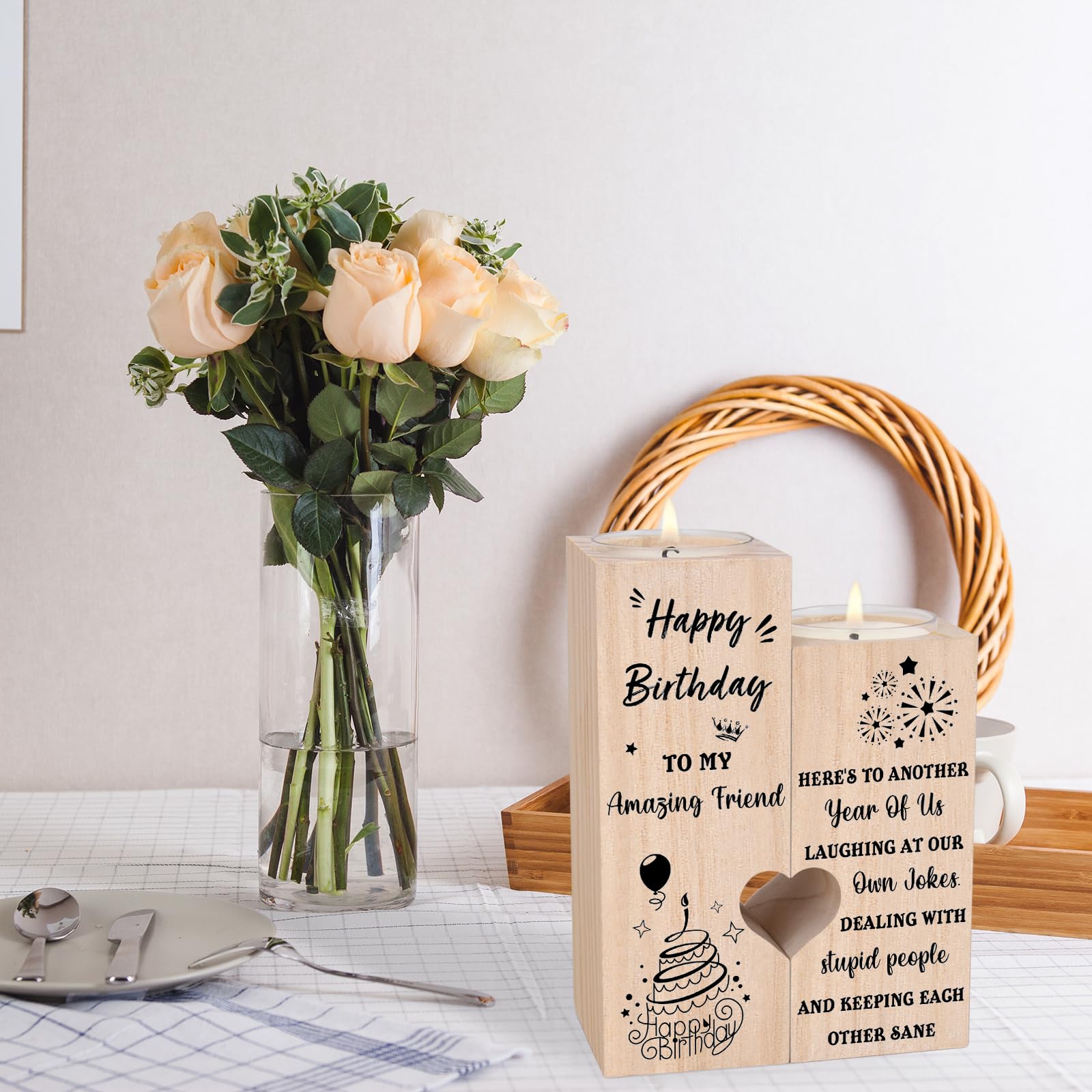 Unique Wooden Heart-Shaped Candle Holders with Candles - Perfect Birthday Gifts for Women, BFF & Bestie | Friendship Gifts & Party Decor for Birthdays, Anniversaries & Special Occasions