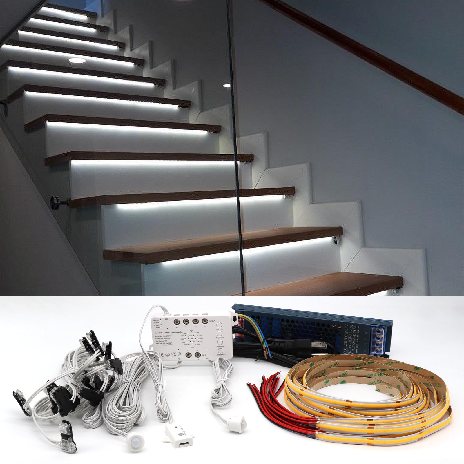 Motion Sensor LED Stair Light Kit with Main Wire - Easy Installation Daylight Sensor Step Lights, 6000K White COB LED Strip for Indoor Stairs (20 Steps) - Perfect for Hallways, Basements & Bedroom Safety Lighting