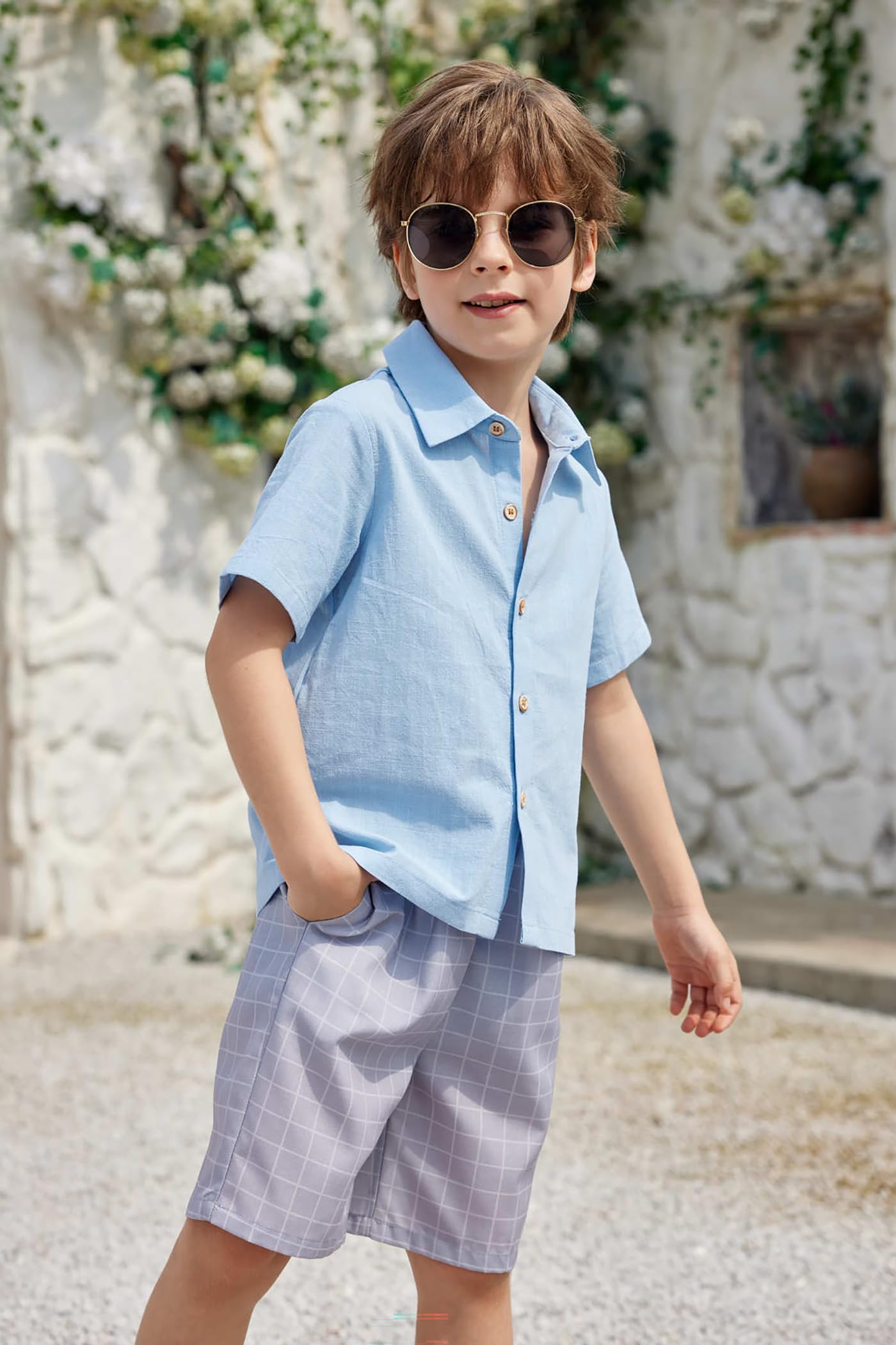Arshiner Boys Cotton Linen Shorts Set - Button Down Shirt & Shorts with Bucket Hat | Summer Beach Hawaiian Outfit for Kids | Size 6-16 | Perfect for Vacation, Pool Party & Outdoor Adventures