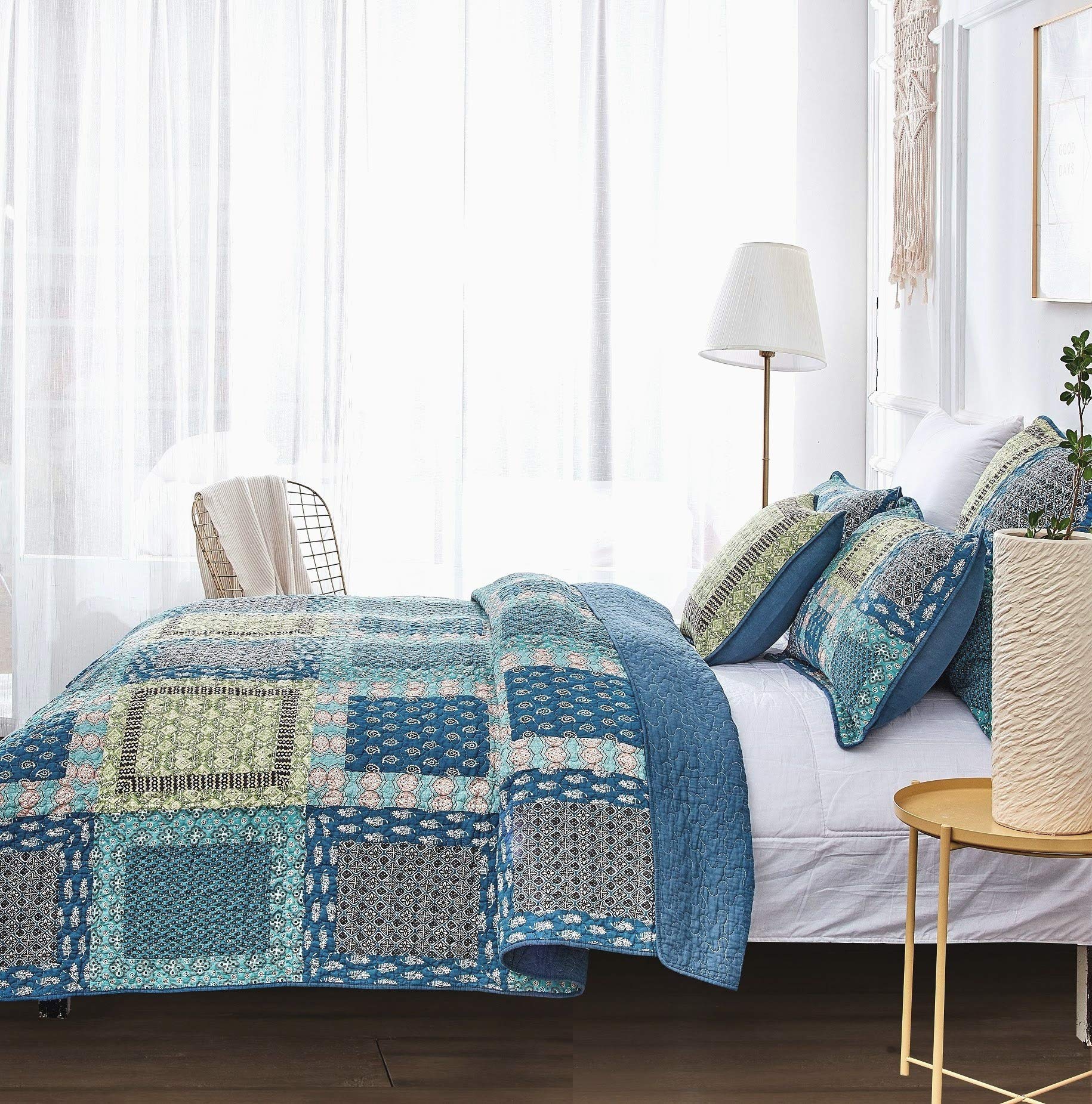 Tache King Pillow Cover - 100% Cotton Patchwork Boho Chic Geometric Blue Green Bohemian Ocean Design - 20x36 King Size Pillow Sham (1 Piece) - Perfect for Coastal, Boho, or Eclectic Home Decor