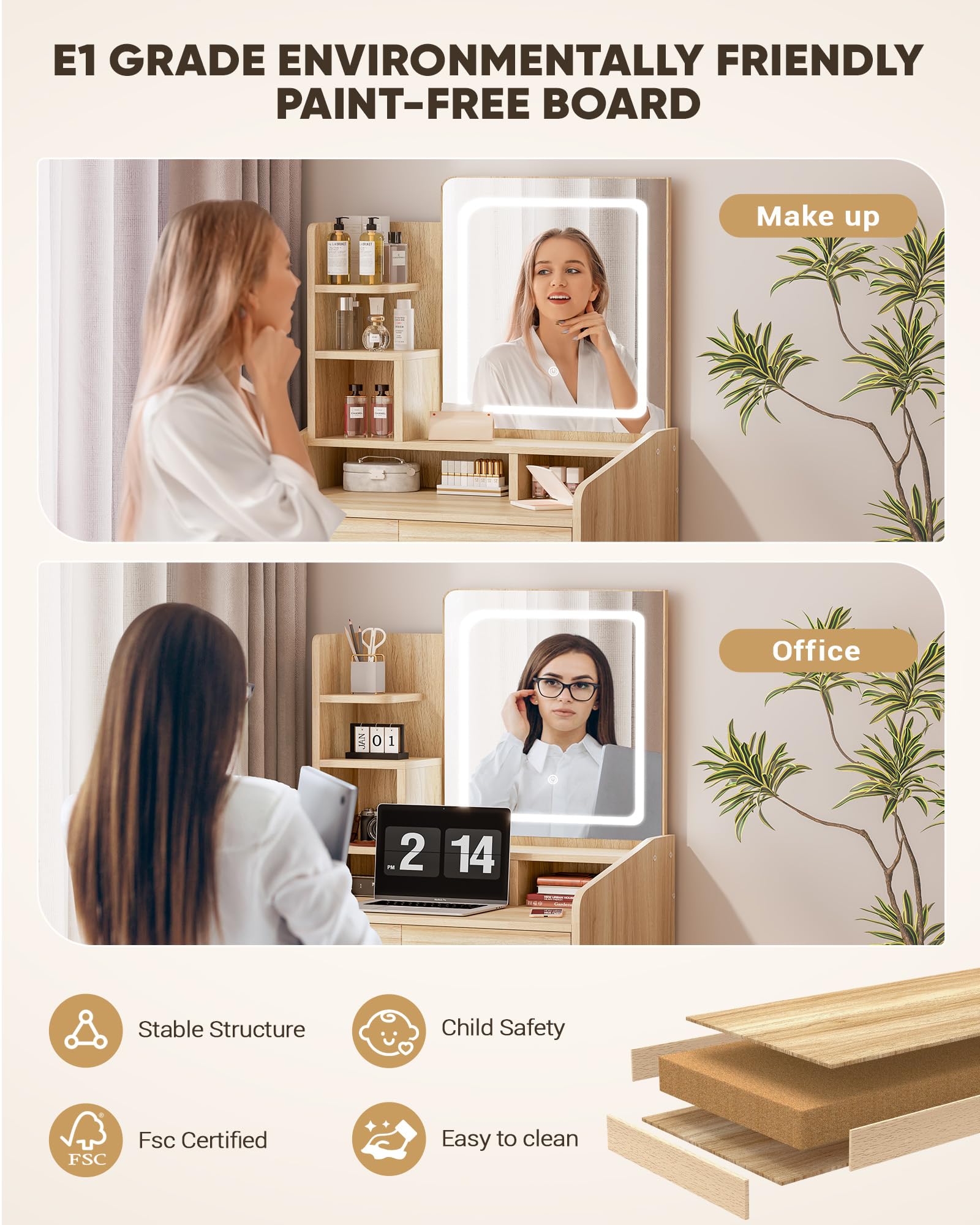 Elegant Small Vanity Desk Set with Square Mirror & LED Lights - Wooden Dressing Table with Storage Drawers - Perfect for Bedroom Makeup & Jewelry Organization