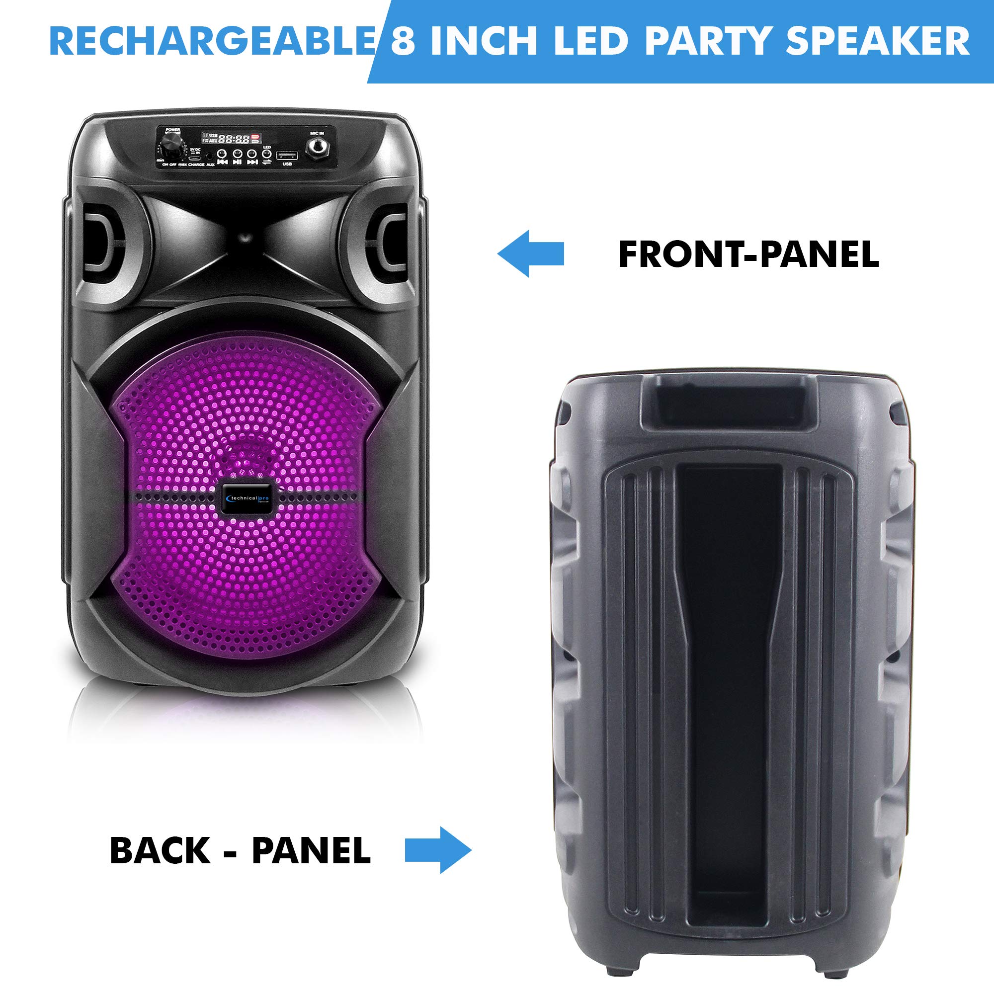 Technical Pro 8 Inch Portable 800W Bluetooth Speaker with Woofer & Tweeter - Wireless PA System with LED Lights, Bluetooth/USB/SD Card Support, TWS for Dual Speaker Setup | Perfect for Outdoor Parties, Festivals & Home Entertainment