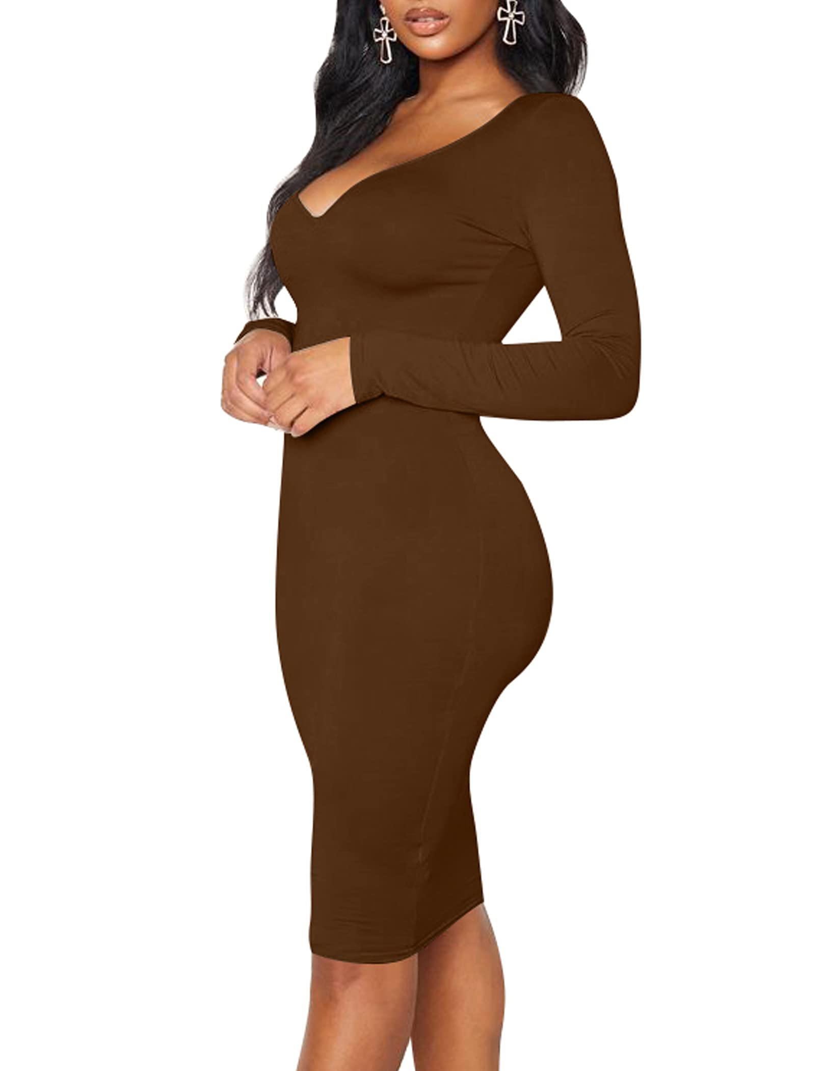 BORIFLORS Women's Sexy Bodycon Long Sleeve Deep V Neck Club Party Midi Pencil Dress - Perfect for Night Out, Cocktail Party, Date Night & Formal Events