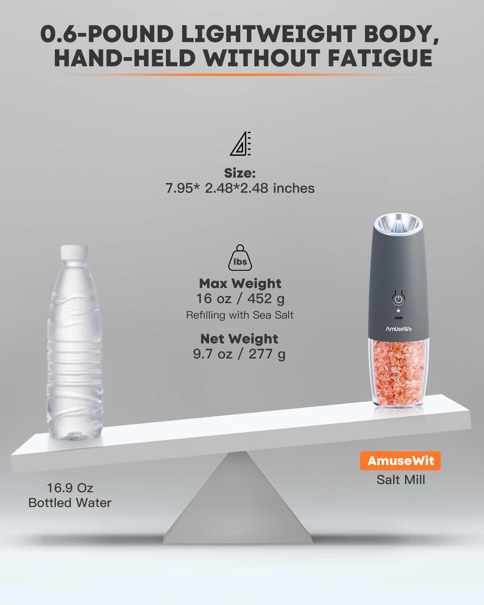 AmuseWit USB Rechargeable Electric Salt and Pepper Grinder Set - Adjustable Coarseness, One-Handed Operation, Cool Gray & White Light - Perfect for Kitchen, Dining Table, Camping, and Gifts