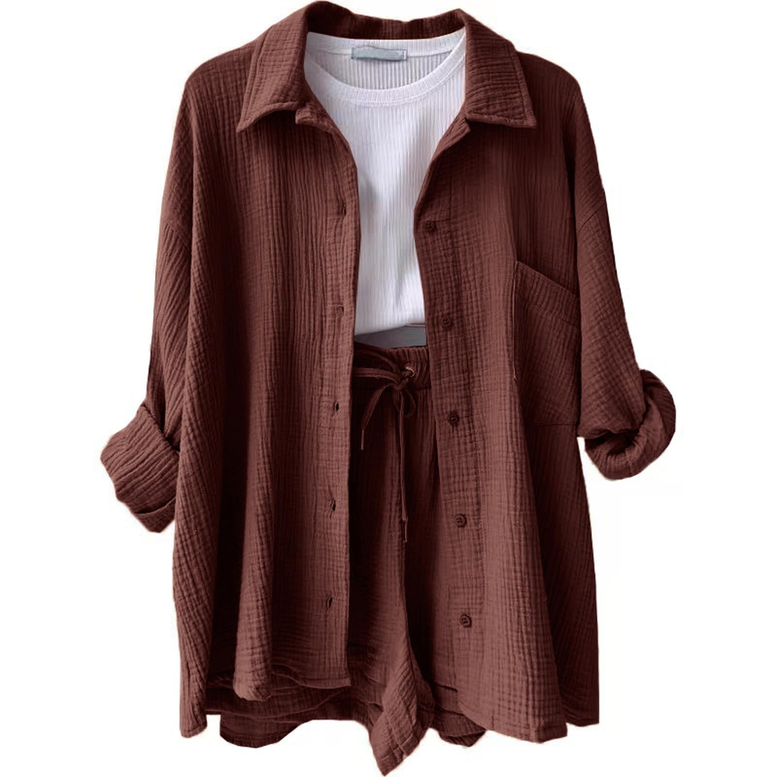 Women's 2-Piece Cotton Linen Lounge Set - Long Sleeve Shirt & Shorts Outfit | Summer Casual Wear for Home, Travel & Relaxation