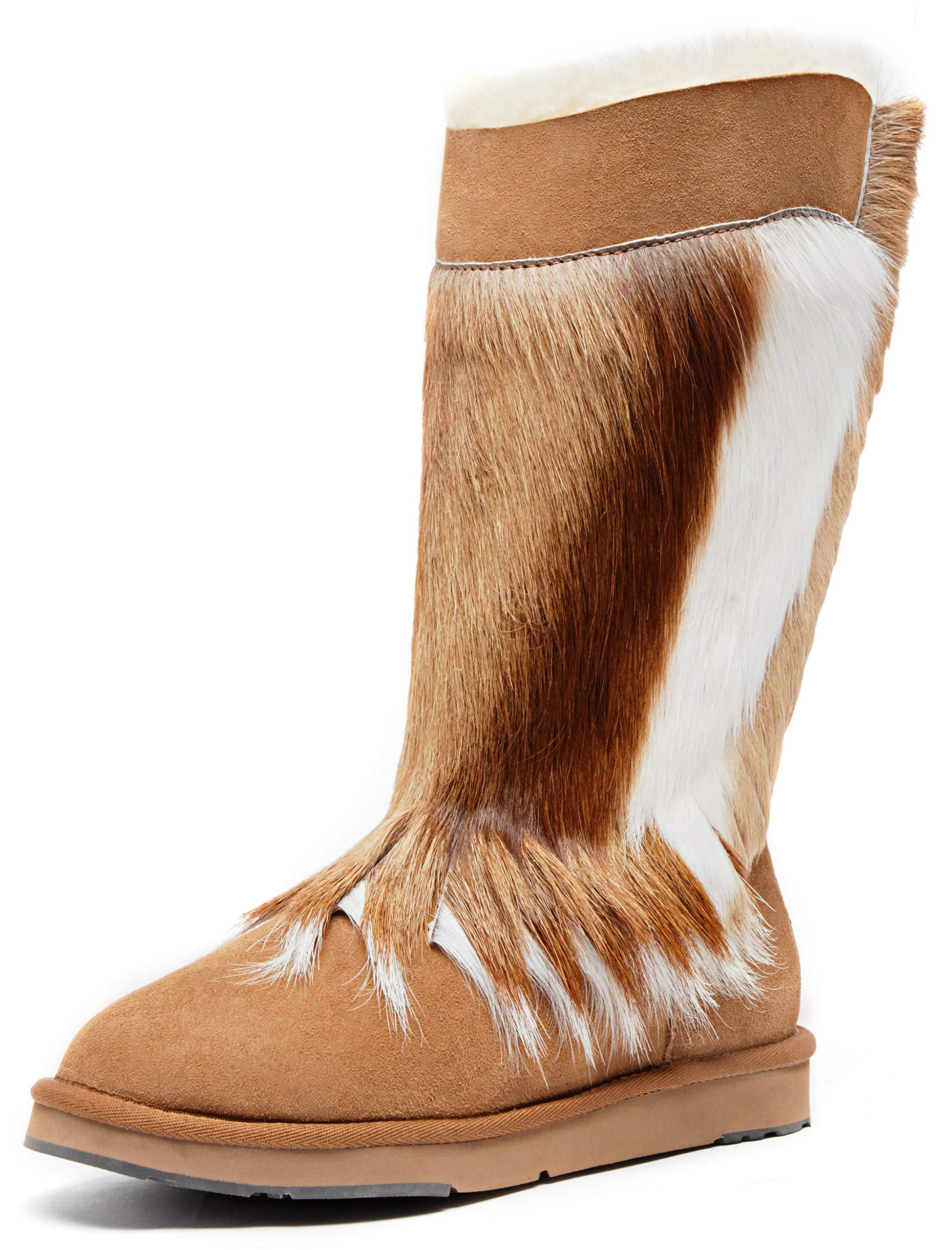 Aumu Women's Stylish Knee-High Winter Snow Boots with Wooden Beads & Sheepskin Fur - Warm Shearling Lined Boots for Cold Weather, Snow Days & Outdoor Fashion