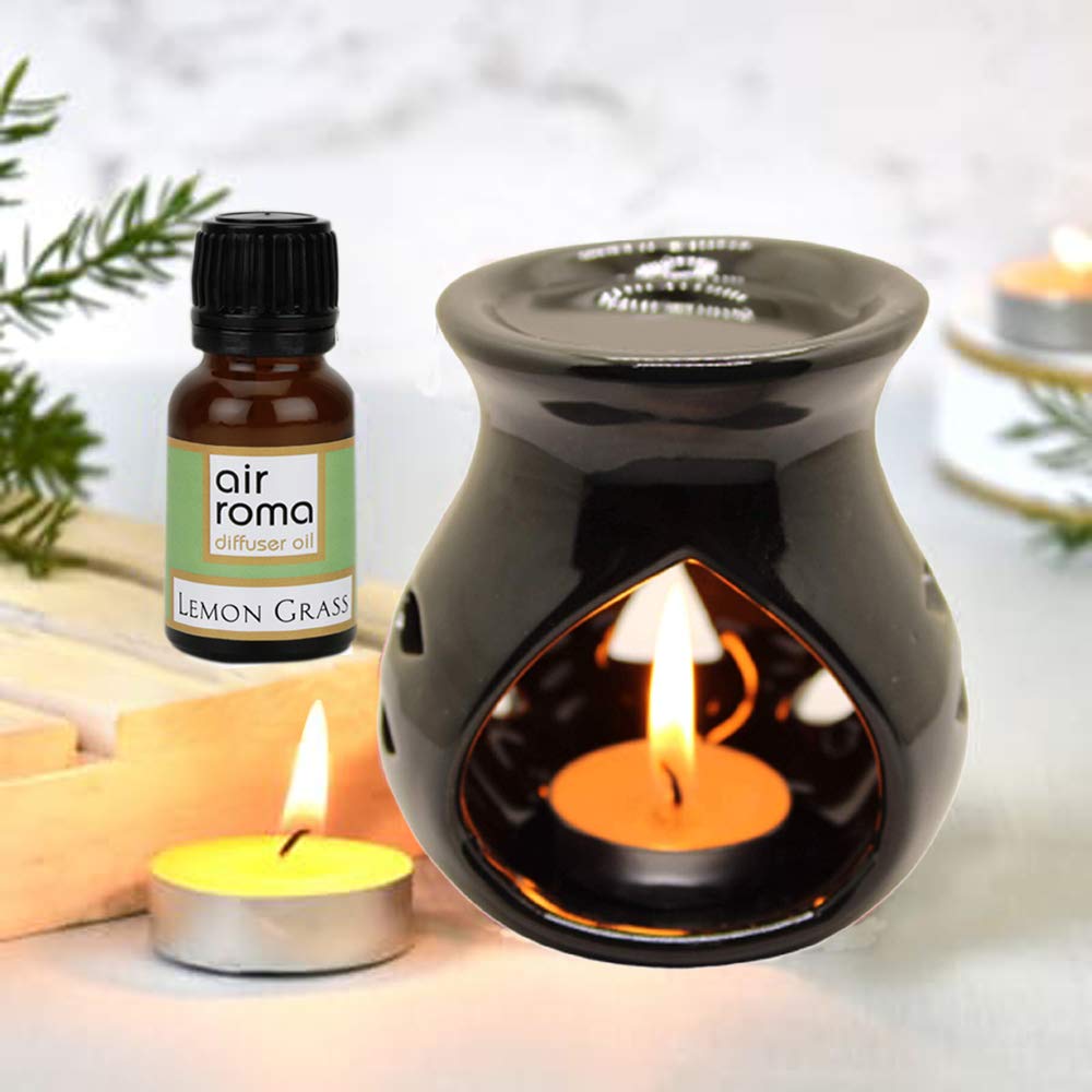 AIR-ROMA Ceramic Aroma Diffuser Burner with 10ml Lemongrass Essential Oil & 2 Candles - Strong Long-Lasting Fragrance for Home, Office, Spa & Yoga Room Relaxation