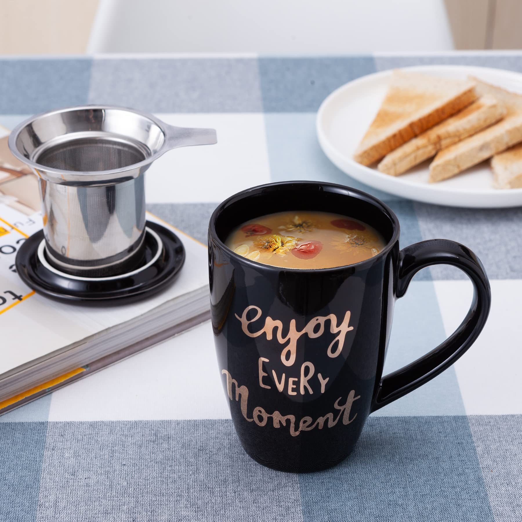 Premium Porcelain Tea Mug with Stainless Steel Infuser - 16 oz Ceramic Tea Cup with Lid, Black - Perfect for Loose Leaf Tea, Herbal Tea, and Coffee at Home or Office