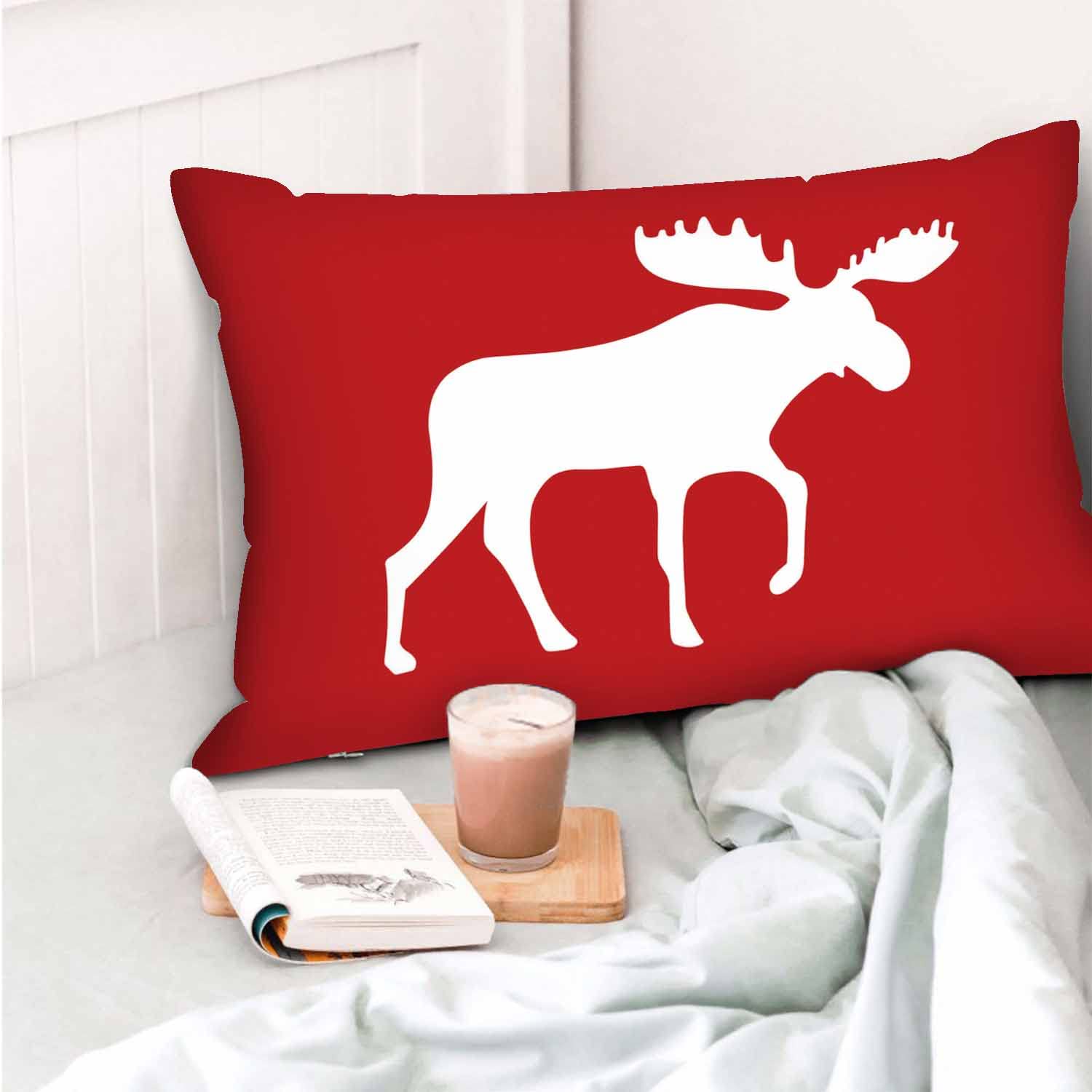 Premium Moose Print Rectangle Pillow Cover - Red Background Decorative Cushion Case 20x30 Inches for Sofa, Couch, Bedroom & Living Room - Perfect for Cozy Home Decor and Seasonal Accents