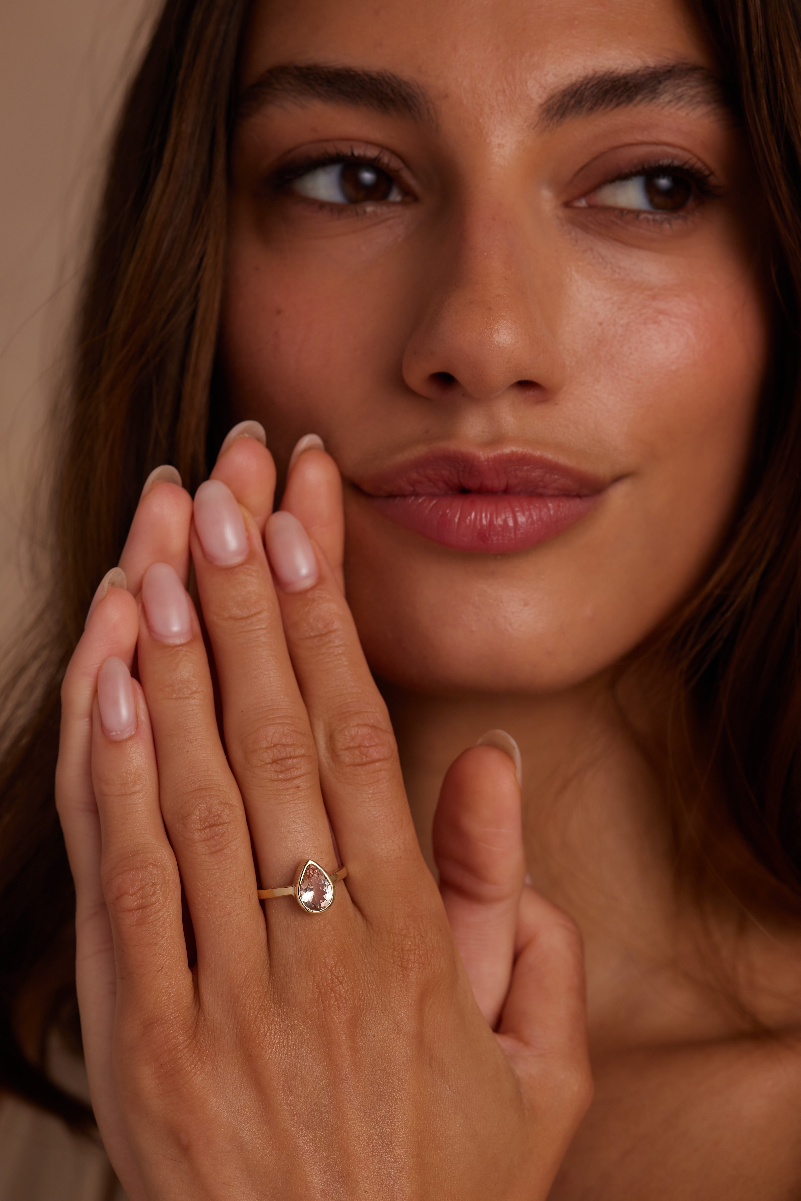 14K Yellow Gold Morganite Pear Band Ring - Elegant Wedding, Engagement & Anniversary Jewelry Gift for Her