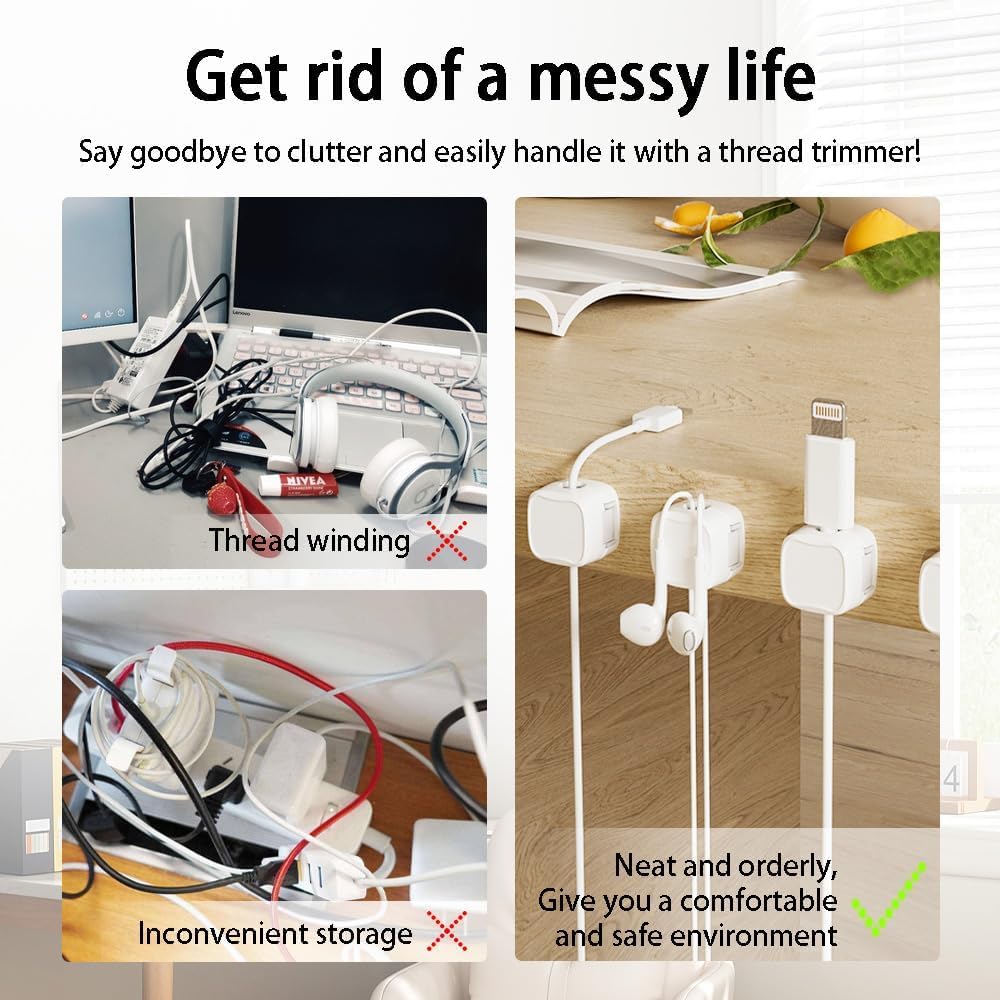 Magnetic Cable Clips 4 Pack - White Cord Organizer for Desk, Wall & Car | USB Charger Holder for Phone, Office, Nightstand & Desktop | Perfect for Home, Office & Travel Cable Management