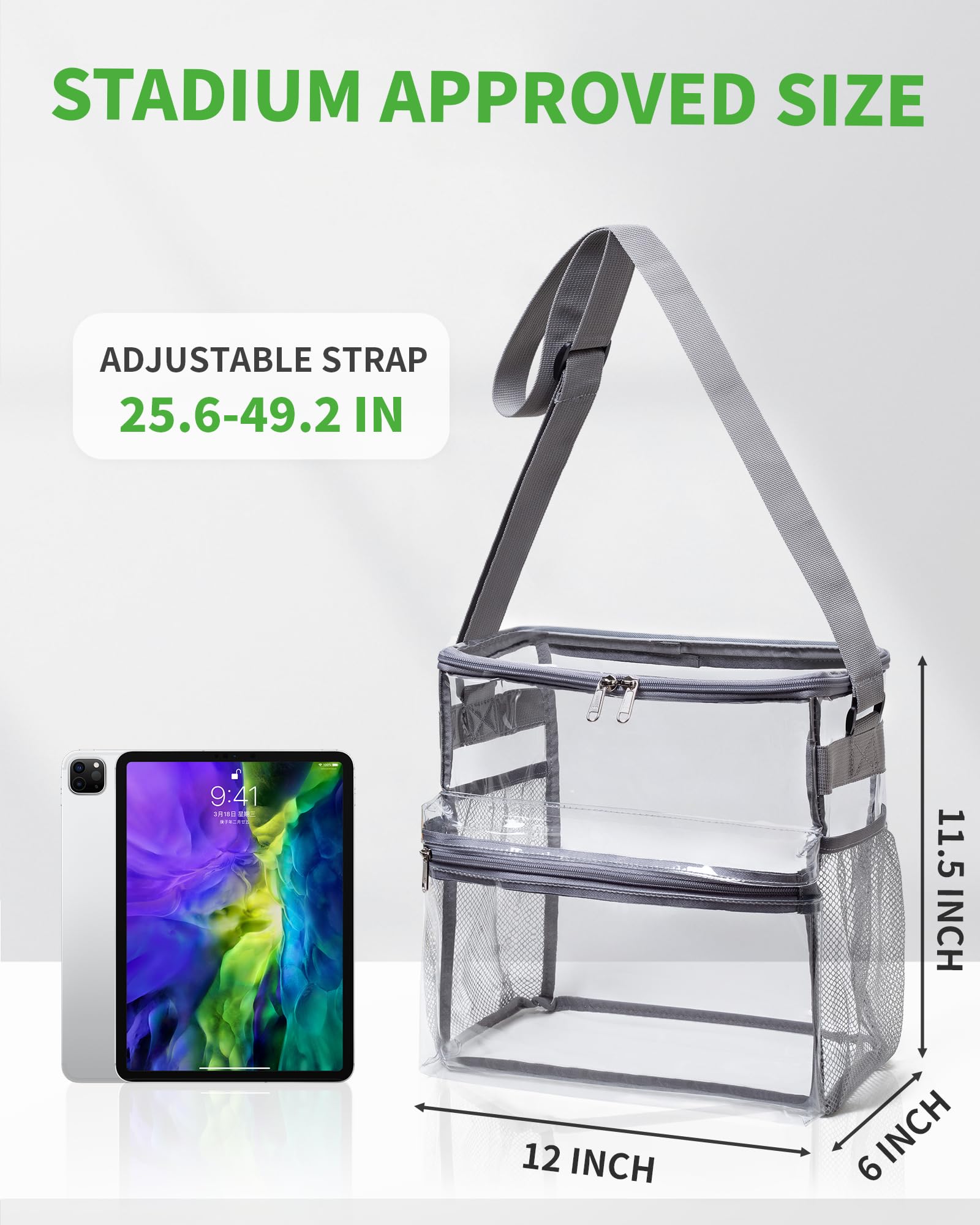 OEIPSMK Clear Tote Bag - 12x12x6 Stadium Approved Clear Crossbody Lunch Bag for Sports, Concerts, Work & College - Black, Gray (One Size) | Perfect for Stadium Security Checks, Beach Days & Gym Essentials