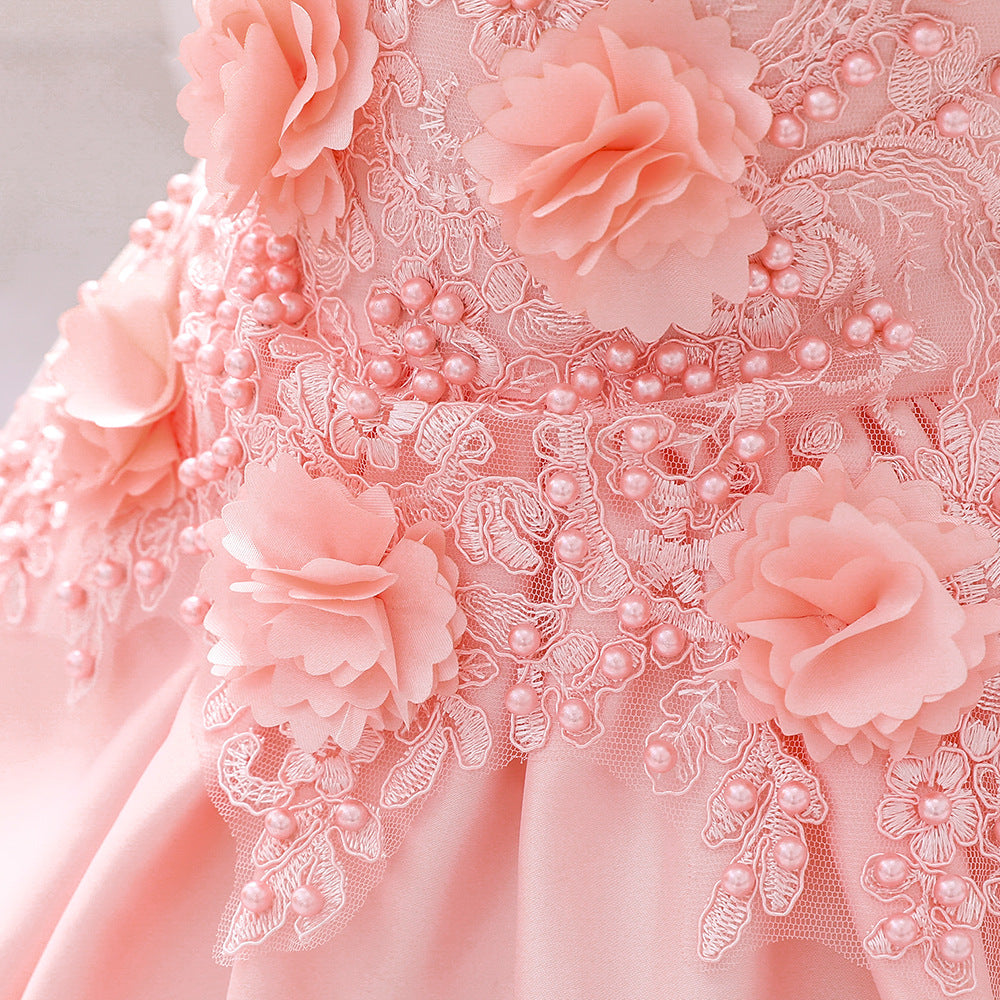 Elegant A-Line Tea Length Flower Girl Dress with Beaded Floral Lace - Perfect for Weddings, Bridal Showers & Special Occasions