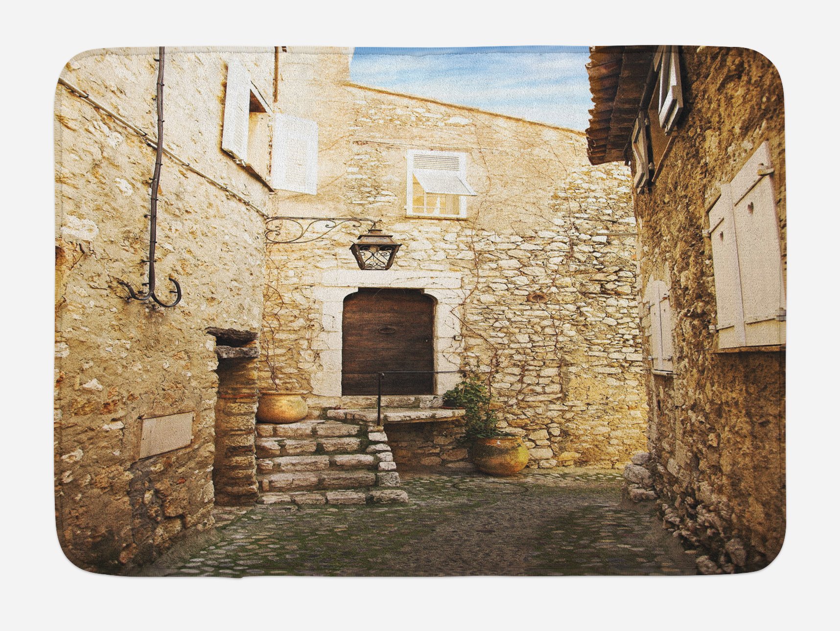 Ambesonne Vintage Bath Mat - Non-Slip Plush Bathroom Rug with Cobble Street & Sandstone Houses Design, 30.2 x 20 Inches, Cream | Perfect for Vintage Style Bathrooms, Guest Suites & Cozy Home Decor