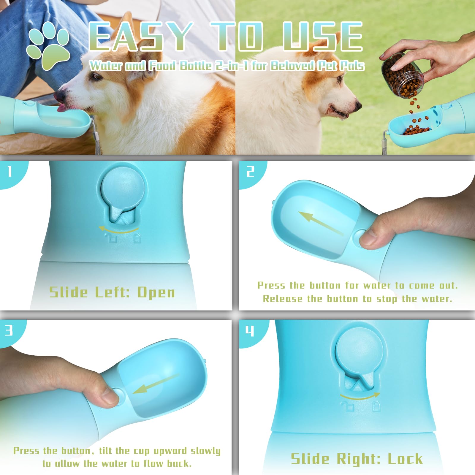 Portable Dog Water Bottle with Food-Grade Bowl - 19Oz Travel Water Dispenser for Small, Medium & Large Dogs - Outdoor Essentials for Hiking, Walking & Travel - Trendy Blue & Green Dog Accessories - Perfect Gift for Pet Lovers