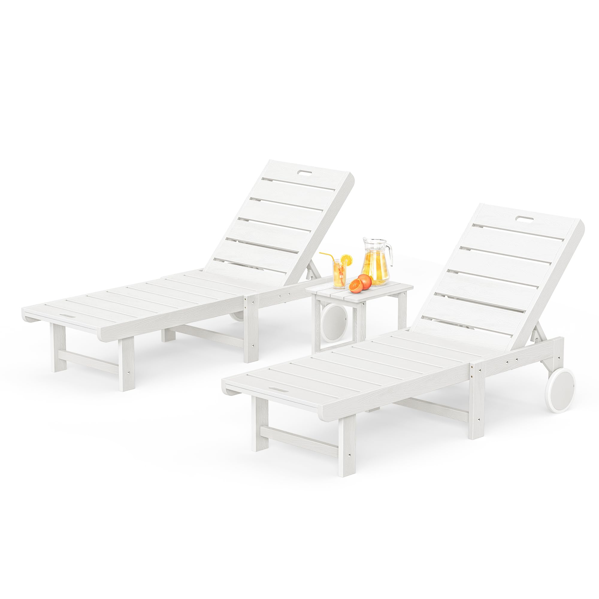 3-Piece White HDPS Outdoor Chaise Lounge Chair with Table & 5-Position Backrest - Patio, Poolside & Beach Lounge Chair with Wheels for Relaxing by the Pool, Garden or Backyard