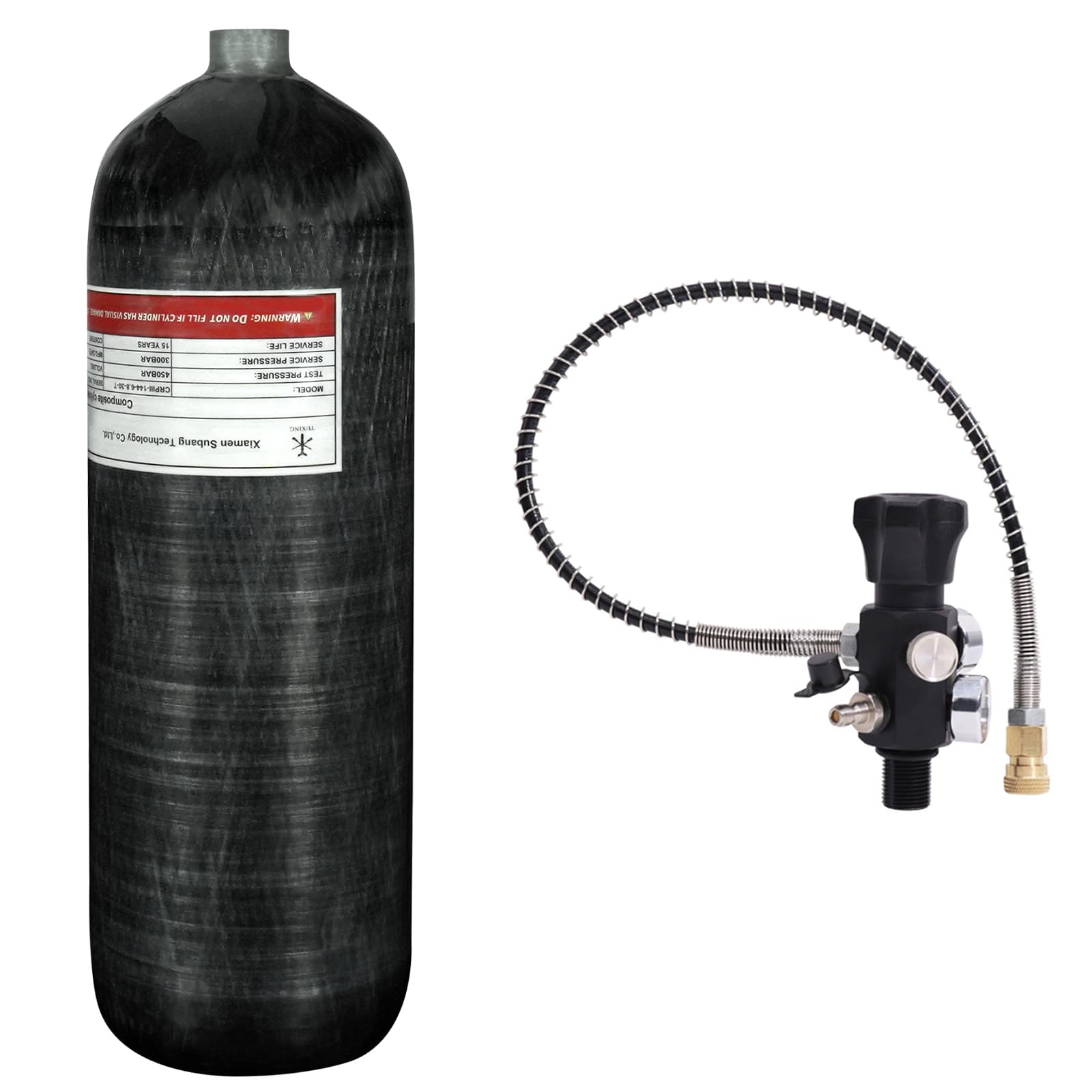 **TUXING 4500psi 6.8L Carbon Fiber Scuba Tank (Empty) – Paintball Filling Station with Dual Pressure Gauges & 24-Inch High-Pressure Hose (M18x1.5) – Ideal for Scuba Diving, Paintball Refills, and High-Pressure Air Applications**