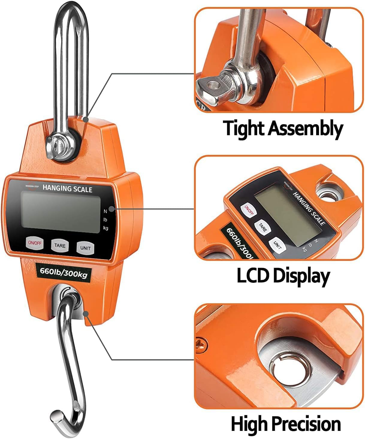 Digital Hanging Scale 660 LB 300 KG - Heavy Duty Waterproof Crane Scale for Luggage, Suitcase, Hunting, Farm, Bike, Bow Fishing - Durable Portable Fish Weight Scale for Outdoor and Industrial Use