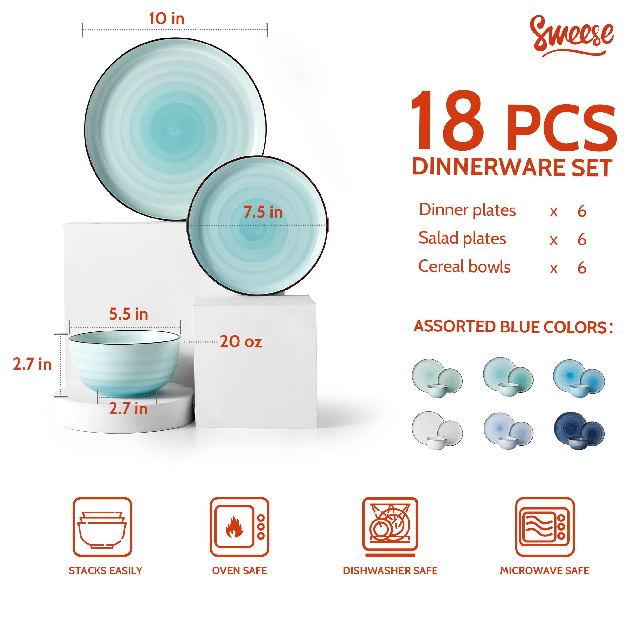 Sweese 18-Piece Porcelain Dinnerware Set - Round Plates & Bowls for 6, Microwave & Dishwasher Safe, Scratch-Resistant Hand-Painted Blue Swirl Design - Perfect for Family Dinners, Parties & Everyday Use