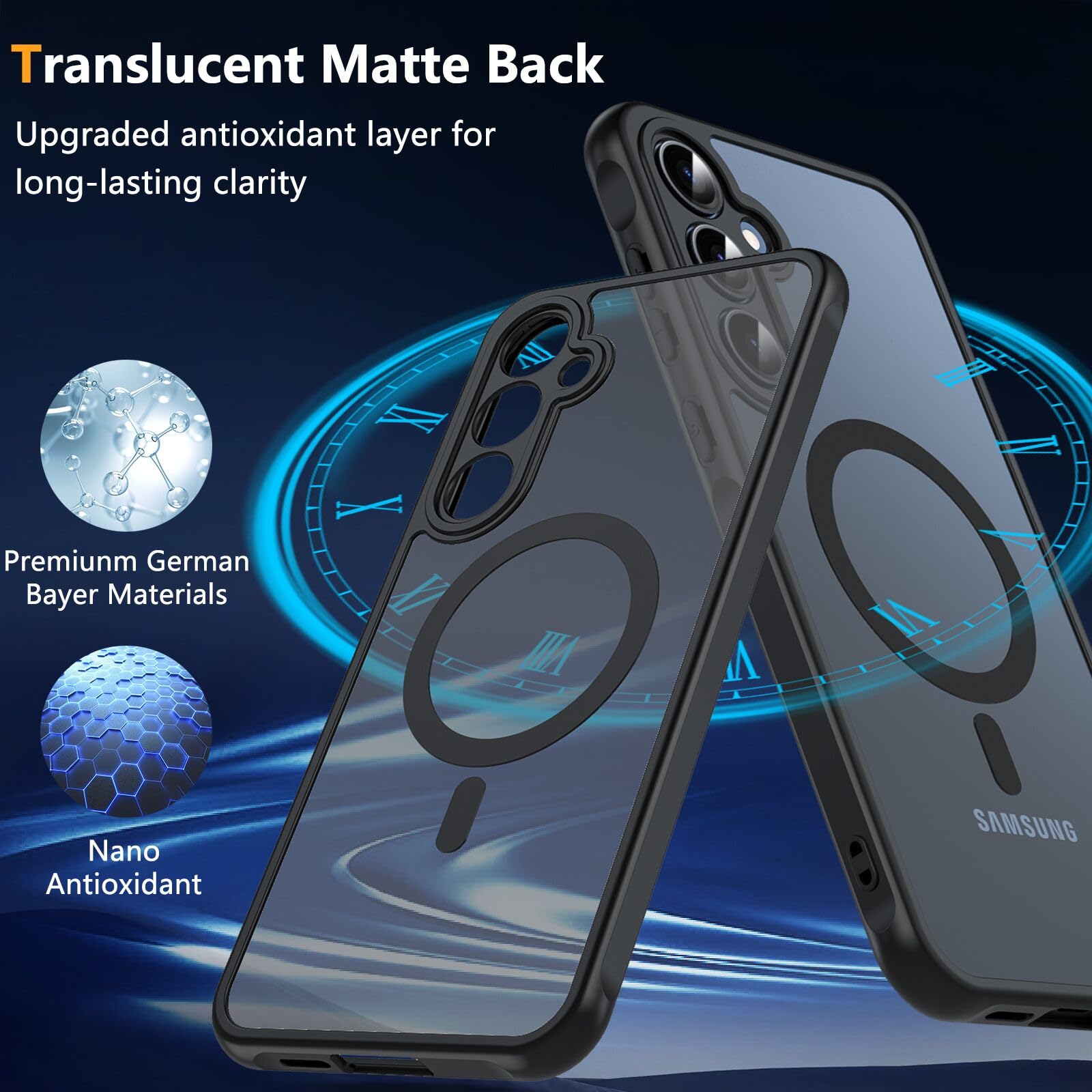 Shockproof Magnetic Case for Samsung Galaxy A55 5G with Tempered Glass - Translucent Matte Military-Grade Protection Hard Cover (Black) | Perfect for Outdoor Activities, Travel & Daily Use