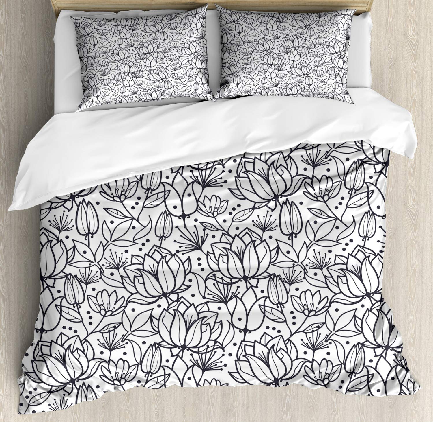 Ambesonne Floral Duvet Cover Set King Size - Botanical Leaves Swirls Buds Orchid Hand-Drawn Artwork, 3-Piece Bedding Set with 2 Pillow Shams, Charcoal Grey & White - Perfect for Master Bedroom, Guest Room & Bohemian Home Decor