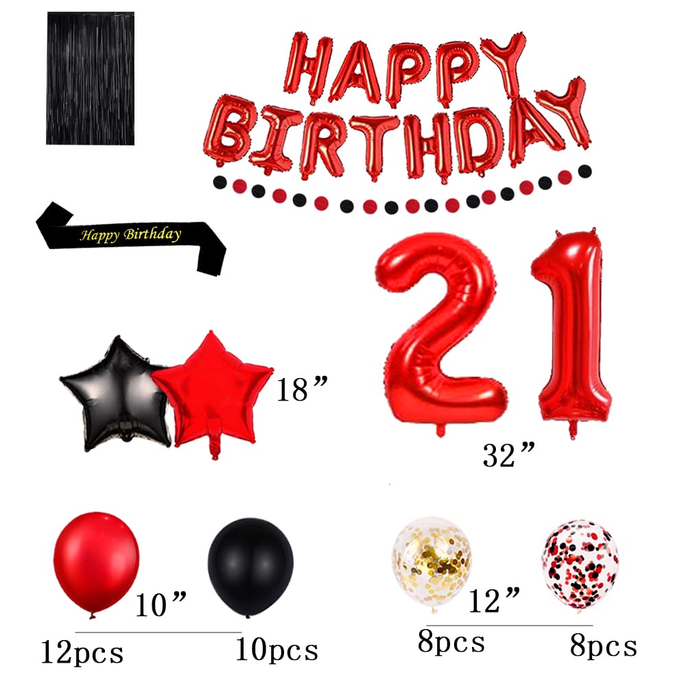 21st Birthday Party Decorations Kit - 16in Red Foil Balloons, Banner, Sash, Black Curtains & Number Balloons | Red Theme Birthday Supplies for Women & Men | Perfect for Milestone Celebrations, Photo Backdrops & Party Decor