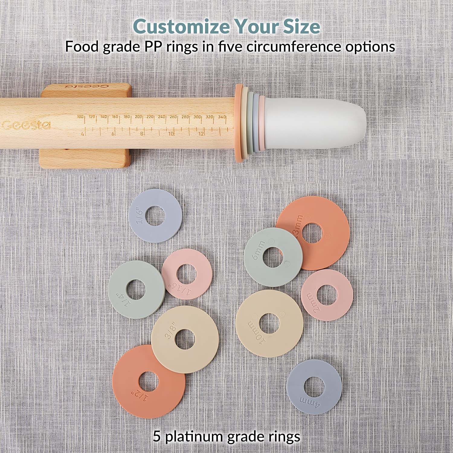 Geesta Adjustable Wood Rolling Pin with 5 Thickness Rings - Precise Dough Roller Handle Press with Measurement Guide for Baking Fondant, Pizza, Pie Crust, Cookies & Pastry | Perfect for Home Bakers, Professional Chefs & Cake Decorating Enthusiasts