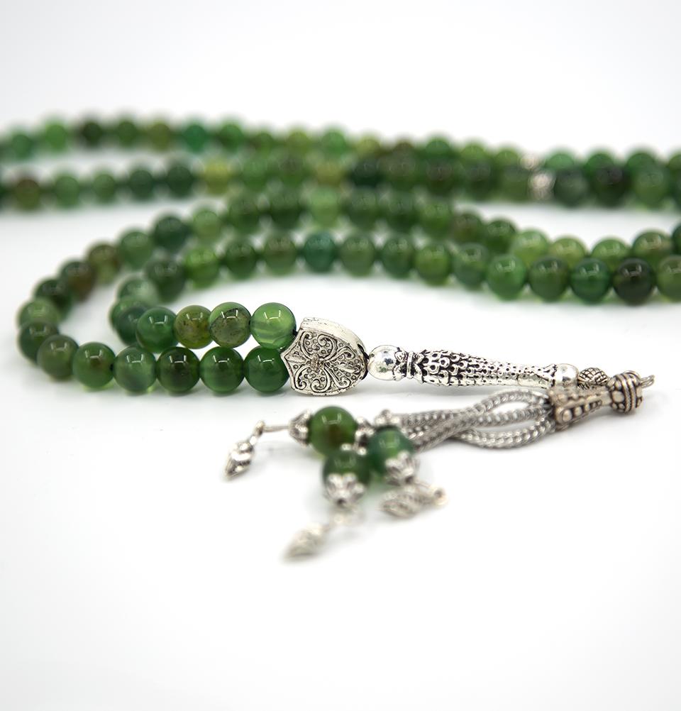 Islamic Tesbih Prayer Beads - 99 Count Round Multicolored Agate Stone Beads (Green) for Muslim Prayer, Meditation & Stress Relief