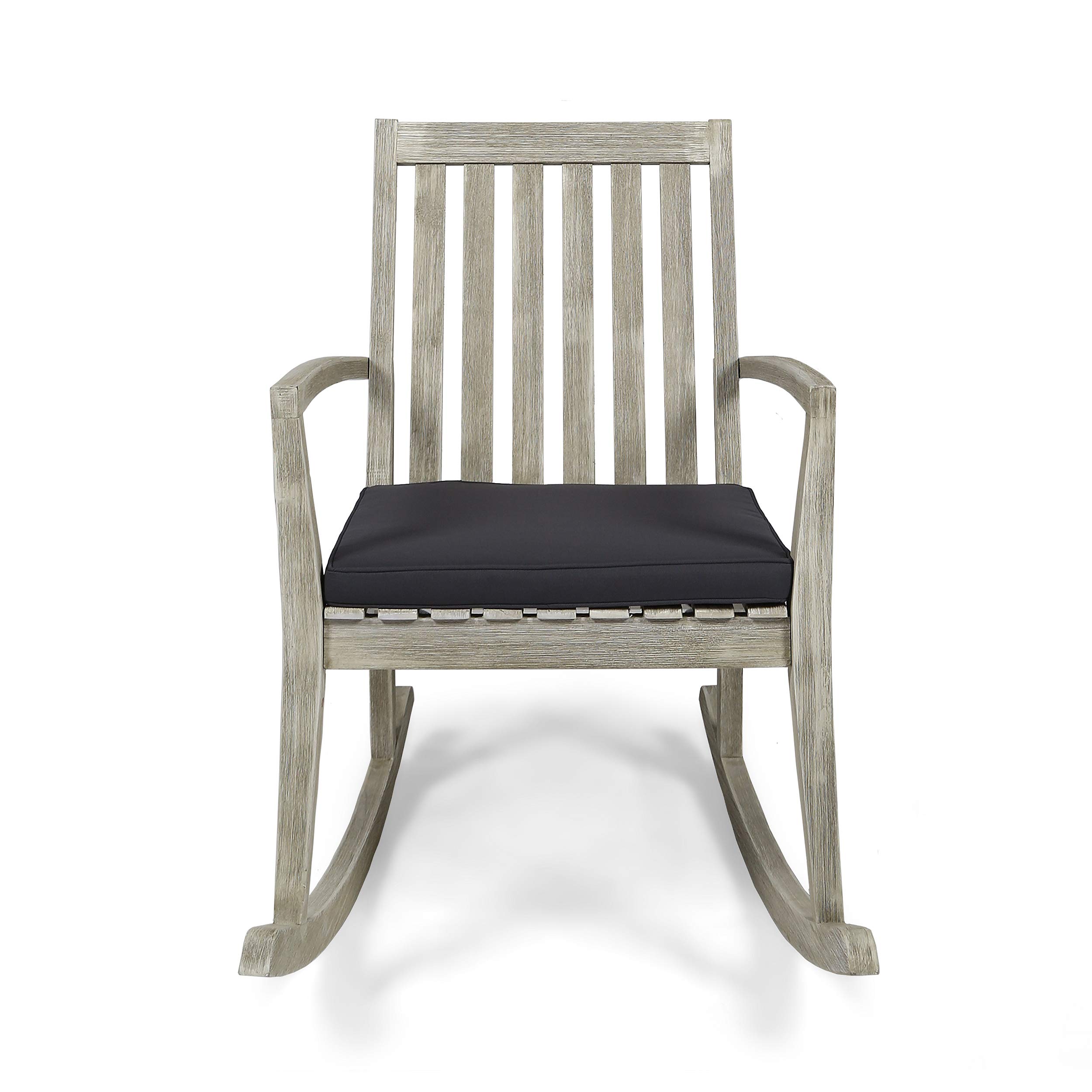 Acacia Wood Patio Rocking Chair with Dark Gray Cushions - Traditional Wire-Brush Light Gray Finish Outdoor Furniture for Garden, Deck & Porch Relaxation